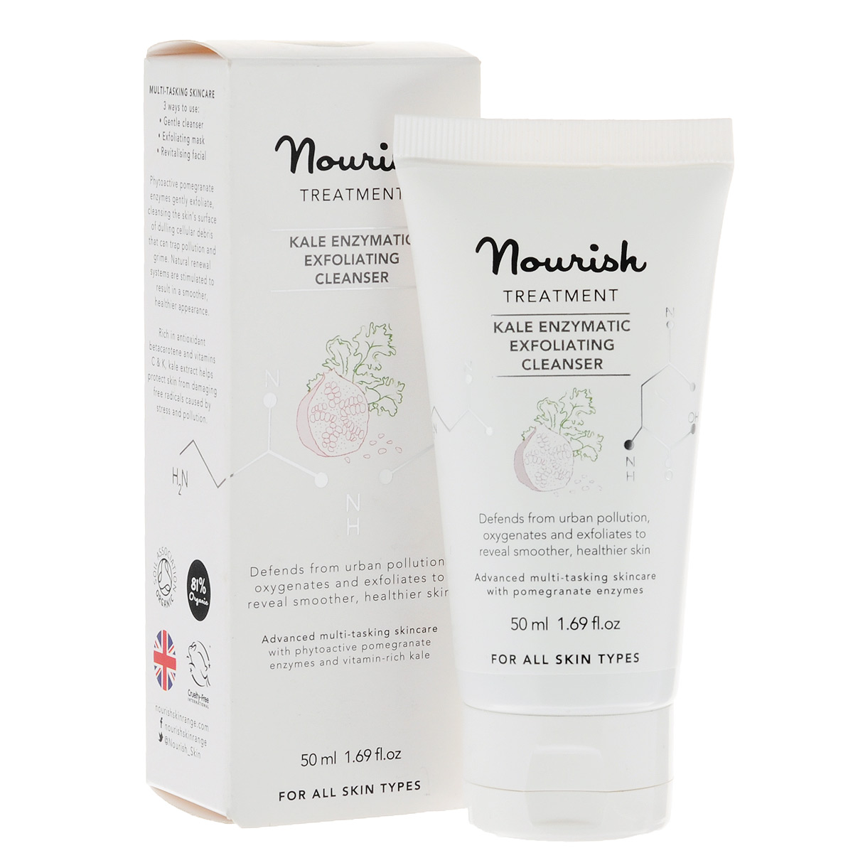 Nourish Очищающее средство для лица Kale Enzymatic Exfoliating Cleanser, с экстрактом грюнколя, для всех типов кожи, 50 млУТ000000992 Nourish Очищающее средство для лица Kale Enzymatic Exfoliating Cleanser, с экстрактом грюнколя, для всех типов кожи, 50 млУТ000000992Уникальное очищающее средство для лица Kale Enzymatic Exfoliating Cleanser 3в1 на основе масла грюнколя может использоваться как очищающее средство, отшелушивающая маска и восстанавливающая маска с эффектом массажа. На 89% состоит из сертифицированных органических компонентов. Для максимального эффекта косметологи британской марки Nourish соединяют в одном средстве экстракты и масла не только знакомых растений, но и экзотических – таких как семена западноафриканского кустарника гриффонии. Масло косточек граната придает мембранам клеток эластичность, уменьшает количество морщин, а также обладает сильными антиоксидантными свойствами. Органический экстракт капусты грюнколь, богатый незаменимыми жирными кислотами ОМЕГА-3, защищенными от окисления большим количеством собственных антиоксидантов, эффективно воздействует на кожу, придавая ей мягкость. Компоненты экстракта семян гриффонии помогают коже противостоять агрессивным воздействиям...