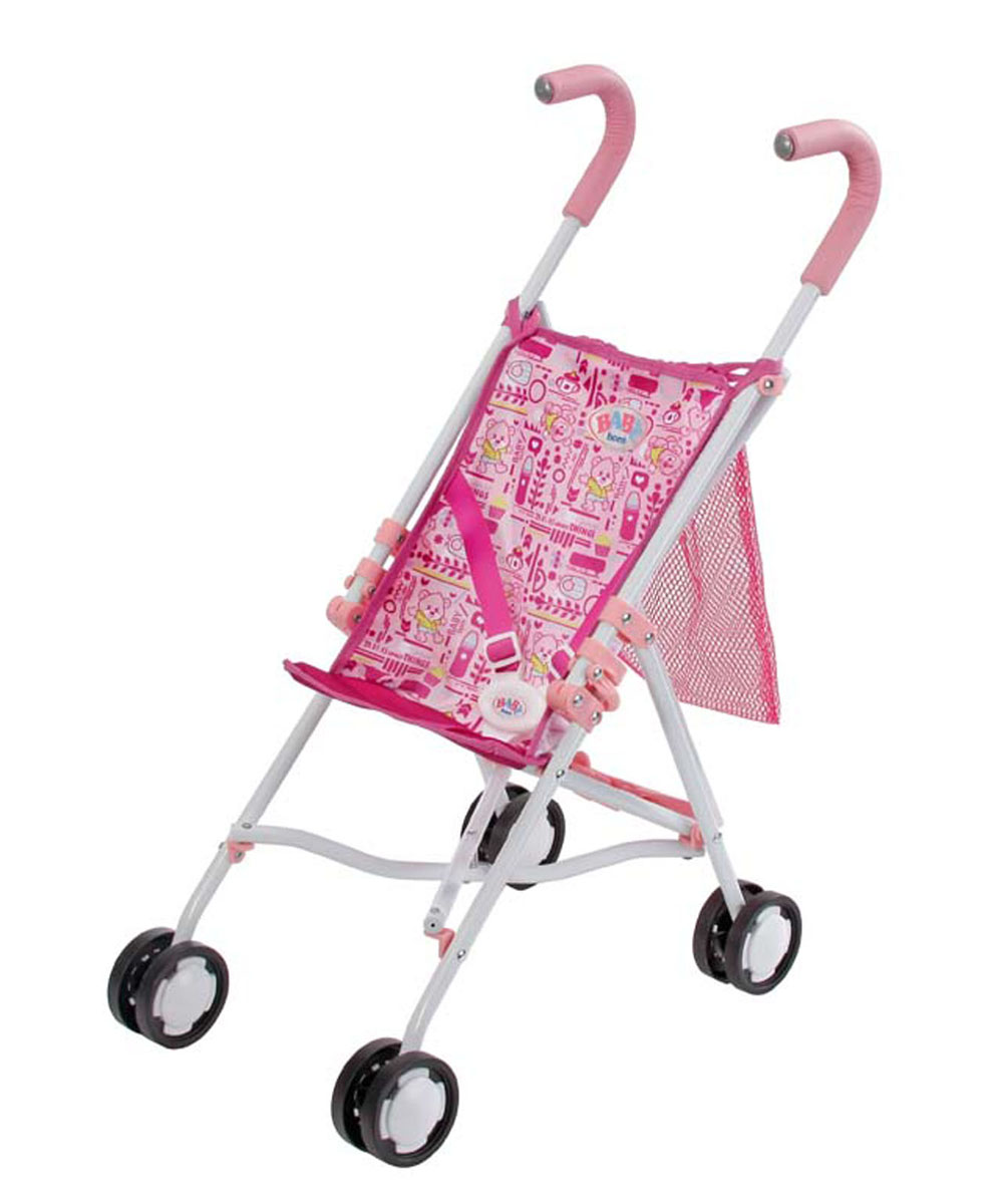 Baby Born Транспорт для кукол Коляска-трость для куклы с сеткой819-678 Baby Born Транспорт для кукол Коляска-трость для куклы с сеткой819-678Коляска-трость для куклы Baby Born поможет сделать игру в Дочки-матери еще более увлекательной. Предназначена для всех кукол Baby Born высотой 43 см. Коляска имеет облегченный алюминиевый каркас, упрочненные сдвоенные колеса и текстильное сиденье, которое при необходимости можно снять и постирать. С помощью специальных ремней безопасности кукла надежно пристегивается. Сзади расположена сеточка, где удобно хранить соску, бутылочку или игрушки. Ручки удобной классической формы выполнены из специального прорезиненного материала, очень приятного на ощупь. Коляска легко складывается по типу трости и не занимает много места, а небольшой вес позволяет легко управляться с ней. Такая коляска станет отличным подарком, который обрадует любую девочку и сделает игру с куклой особенно захватывающей!