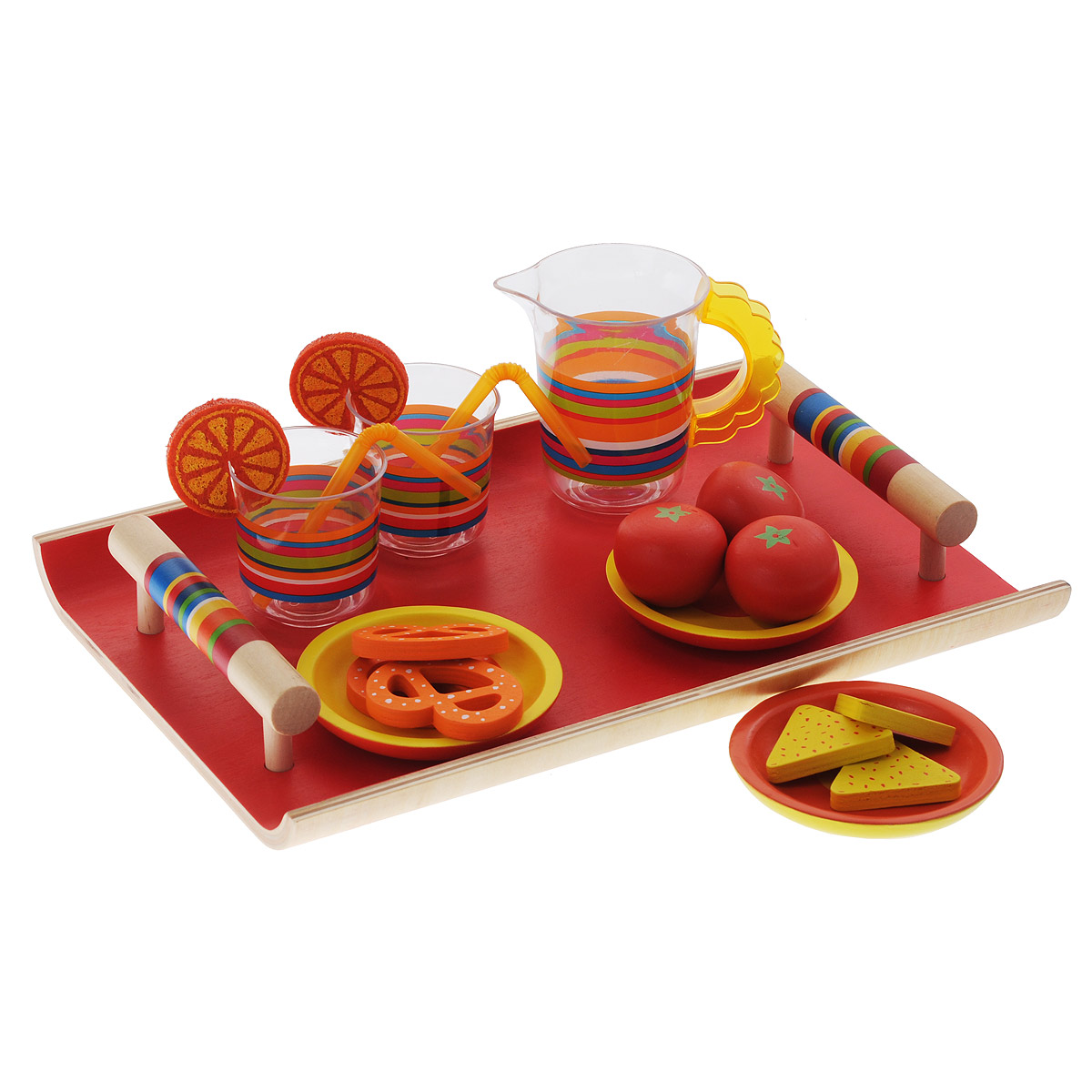 Игровой набор Djeco Ланч06550 Игровой набор Djeco Ланч06550Игровой набор Djeco Ланч привлечет внимание любой девочки. Набор включает в себя все необходимое для веселого игрового обеда: поднос, 3 кусочка сыра, 3 помидора, 3 крекера, 2 стакана, графин, 2 дольки апельсина, 2 трубочки. Все элементы набора, выполненные из дерева, окрашены нетоксичными красками в яркие цвета. Кусочки апельсина выполнены из фетра. Поднос оснащен удобными ручками. Все предметы в наборе имеют удобные для детских ручек размеры. Ваша малышка сможет часами играть с этим замечательным набором, выдумывая различные истории и разыгрывая чаепитие или приготовление обеда. Такие игры развивают мелкую моторику, социальные навыки и воображение, а также помогут ребенку познакомиться с различными цветами и формами. Порадуйте свою малышку таким замечательным подарком