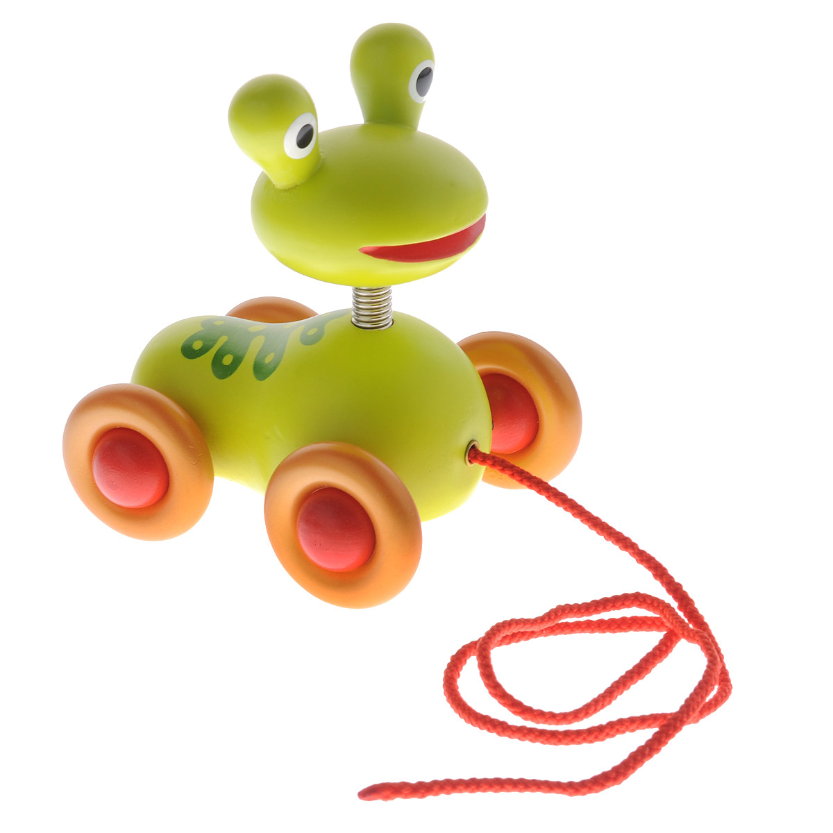 Djeco Деревянная игрушка-каталка Лягушка Писташ06356 Djeco Деревянная игрушка-каталка Лягушка Писташ06356Деревянная игрушка-каталка Djeco Лягушка Писташ непременно понравится вашему малышу и подойдет для игры как дома, так и на свежем воздухе. Она выполнена из дерева с использованием нетоксичных красок в виде забавной лягушки с головкой на металлической пружинке. Края игрушки закруглены, чтобы избежать вероятности травмирования. Каталка оснащена четырьмя колесиками. За текстильный шнурок малыш сможет возить лягушку за собой. Игрушка-каталка Djeco Лягушка Писташ развивает пространственное мышление, цветовое восприятие, ловкость, равновесие и координацию движений. Симпатичная каталка в виде яркой лягушки превратит непростое для малыша движение ножками в чудесную игру.