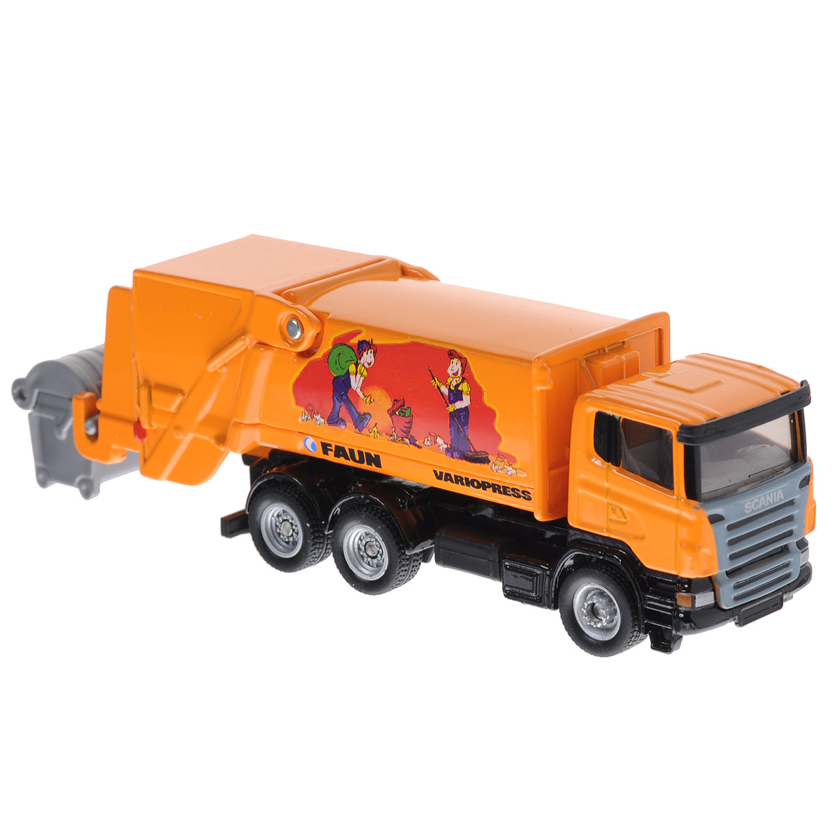 Siku Мусоровоз Scania-R Faun1890 Siku Мусоровоз Scania-R Faun1890Коллекционная модель Siku Мусоровоз выполнена в виде точной копии мусоровоза в масштабе 1/87. Такая модель понравится не только ребенку, но и взрослому коллекционеру и приятно удивит вас высочайшим качеством исполнения. Корпус мусоровоза выполнен из металла, стекла кабины водителя выполнены из прочного пластика, колесики - из резины. Колесики модели вращаются. Мусоросборник и кузов кабины подвижны, поднимаются и опускаются. В комплект входит мусорный бак с откидывающейся крышкой. Коллекционная модель отличается великолепным качеством исполнения и детальной проработкой, она станет не только интересной игрушкой для ребенка, интересующегося автотехникой, но и займет достойное место в любой коллекции.