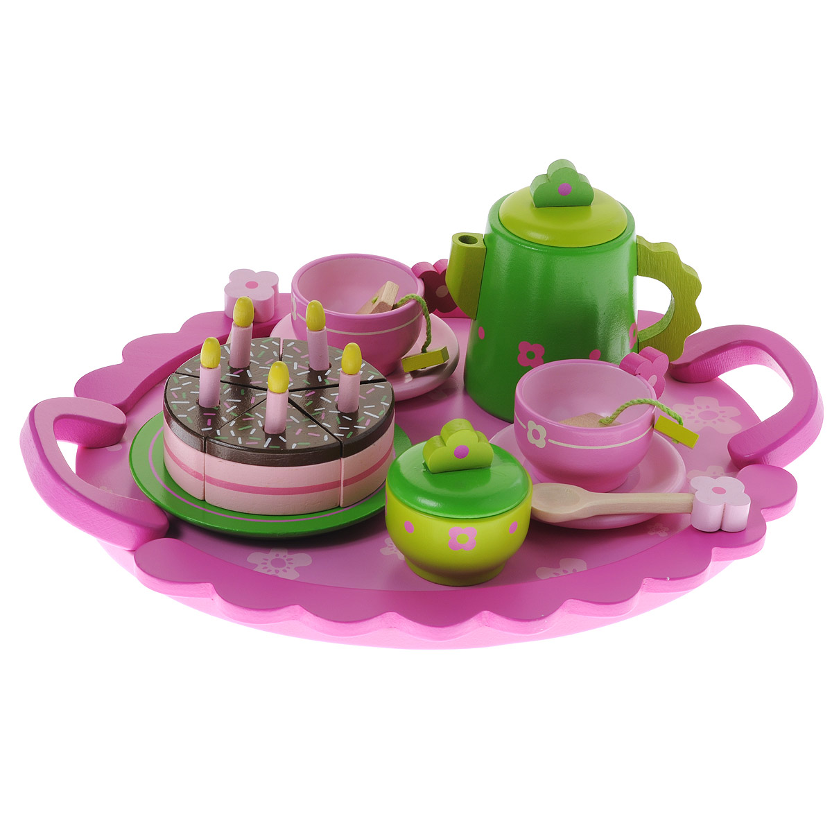 Игровой набор Djeco День рождения06511 Игровой набор Djeco День рождения06511Игровой набор Djeco День рождения привлечет внимание любой девочки. Набор включает в себя все необходимое для веселого игрового чаепития: чайник, 2 чашки, 2 блюдца, сахарница, 3 пакетика чая, 5 свечек, 5 кусочков торта, тарелка и поднос. Все элементы набора выполнены из дерева и окрашены нетоксичными красками в нежные пастельные цвета. Все предметы в наборе имеют удобные для детских ручек размеры. Крышки на чайничке и сахарнице снимаются. Ваша малышка сможет часами играть с этим замечательным набором, выдумывая различные истории и разыгрывая сказочное чаепитие. Такие игры развивают мелкую моторику, социальные навыки и воображение, а также помогут ребенку познакомиться с различными цветами и формами. Порадуйте свою малышку таким замечательным подарком!