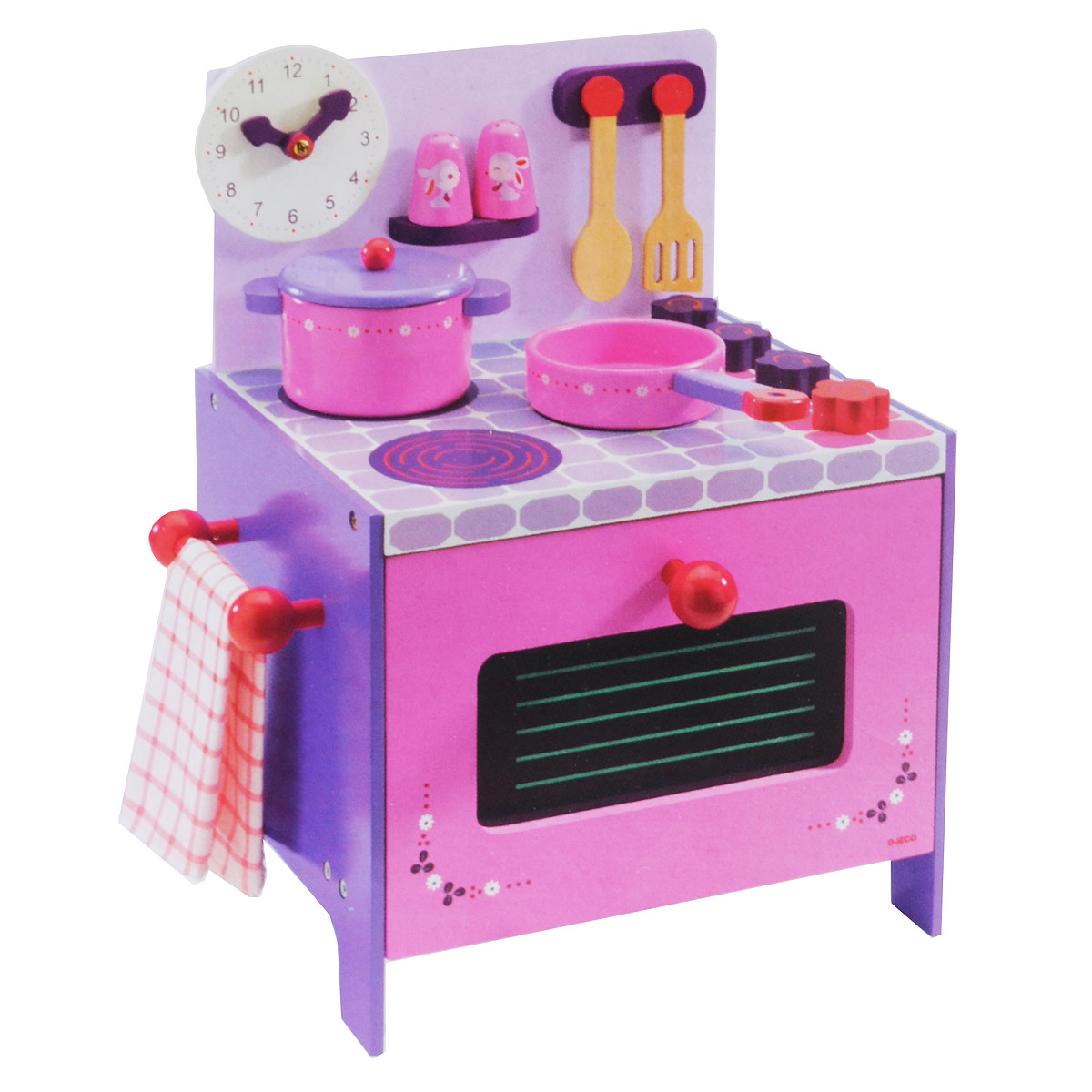 Djeco Игровой набор Кухня Дези, цвет: розовый06510 Djeco Игровой набор Кухня Дези, цвет: розовый06510Если ваш ребенок любит помогать маме на кухне, играть с посудой, варить и жарить, но вам приходится ограничивать его в игре с бьющимися предметами кухонной утвари, то эта детская кухня создана специально для юного поваренка. Игровой набор Djeco Кухня Дези представляет собой яркий гарнитур, оснащенный стойкой с часами, варочной поверхностью, духовкой, полочкой и держателями. В набор входят аксессуары для игры: солонка, перечница, скоровода, кастрюля, крышка, две лопатки и текстильное полотенце. Дверца духовки открывается. На варочной панели расположены 4 регулятора в форме цветочков, которые можно крутить. Стрелки на часах поворачиваются. Элементы набора выполнены из дерева, выкрашенного нетоксичными красками. Края изделий закруглены. В наборе также шурупы и схематичная инструкция по сборке кухни. Этот набор также развивает мелкую моторику пальчиков рук, развивает воображение малышки. С такой кухней ребенок сможет устроить для своих игрушек удивительный...