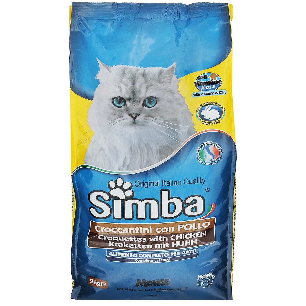 Корм сухой для кошек Monge Simba, с курицей, 2 кг70016063 Корм сухой для кошек Monge Simba, с курицей, 2 кг70016063Сухой корм для кошек Monge Simba - комплексный сбалансированный корм для кошек. Хрустики с куриным мясом. Состав: злаки, мясо и мясопродукты (куриное мясо мин. 5%), субпродукты растительного происхождения, растительные масла, жиры, дрожжи, минеральные вещества. Анализ компонентов: белок 26%, необработанные масла и жиры 11%, необработанные пищевые волокна 2,5%, необработанная зола 8,5%. Пищевые добавки (на 1 кг): витамин А 11500 МЕ, витамин D3 800 МЕ, витамин Е 80 мг, сульфат марганца 43 мг (марганец 15 мг), оксид цинка 90 мг (цинк 60 мг), сульфат меди 22 мг (медь 5,5 мг), сульфат железа 150 мг (железо 50 мг), селенид натрия 0,20 мг (селен 0,09 мг), йодид кальция 1,15 мг (йод 0,7мг). Аминокислоты: таурин 500 мг/кг. Вес: 2 кг. Товар сертифицирован.