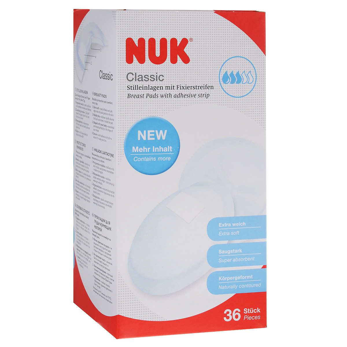 NUK Прокладки для груди кормящих матерей Classic, 36 шт10.252.099 NUK Прокладки для груди кормящих матерей Classic, 36 шт10.252.099Для большинства матерей прокладки для груди необходимы во время грудного вскармливания. Классические прокладки для груди Classic быстро впитывают влагу и удерживают ее внутри прокладки, надежно защищая от протекания. Специальная анатомическая форма обеспечивает полную уверенность и комфорт, а специальная клейкая полоса не позволяет одноразовой прокладке сдвигаться, чтобы вы могли спокойно сосредоточиться на кормлении малыша. Прокладки мягкие, приятные на ощупь и не раздражают кожу благодаря флисовому материалу с внутренней стороны. Прокладки представляют собой надежный механический барьер, который гарантирует соответствующую защиту груди от болезненных соприкосновений с бельем.
