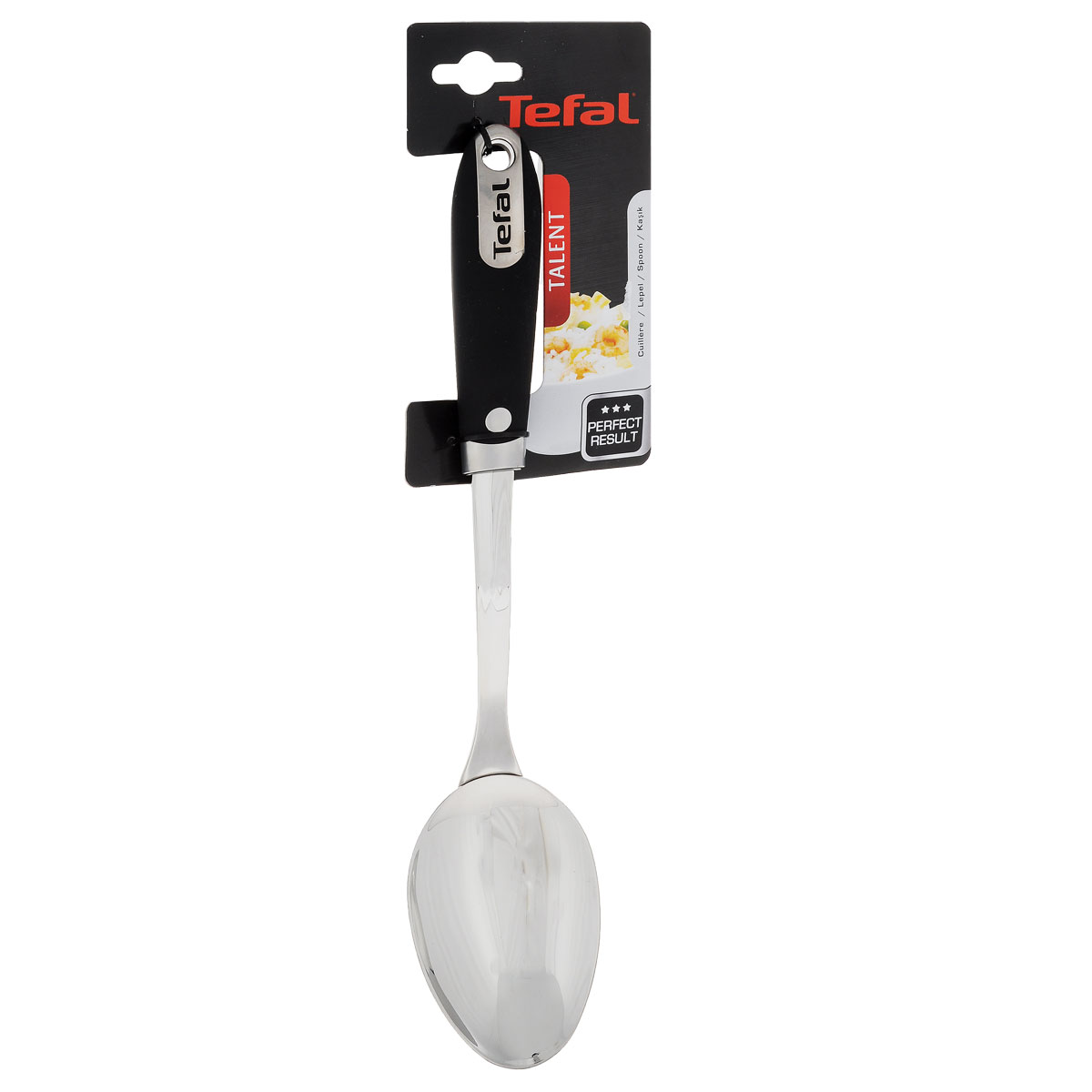 Ложка кулинарная Tefal Talent, цвет: черныйK0800314 Ложка кулинарная Tefal Talent, цвет: черныйK0800314Кулинарная ложка Tefal Talent выполнена из нержавеющей стали, которая выдерживает температуру до 220°С и идеально подходит для перемешивания супов, соусов, заправок. Удобная ручка не позволит выскользнуть ручке из вашей руки. Также есть небольшое ушко, с помощью которого вы можете повесить изделие у себя на кухне. Эта ложка займет достойное место среди аксессуаров на вашей кухне. Можно мыть в посудомоечной машине.