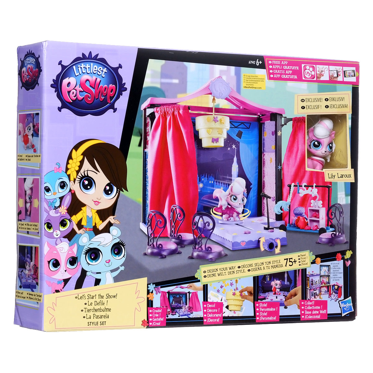 Игровой набор Littlest Pet Shop Стильный подиум для показа модA7942 Игровой набор Littlest Pet Shop Стильный подиум для показа модA7942Игровой набор Littlest Pet Shop Стильный подиум для показа мод приведет в восторг вашу малышку! Теперь она сможет устроить настоящий показ мод с участием своих любимых зверюшек! Настоящий занавес отрывается перед началом показа, а зверюшки умеют передвигаться по подиуму, совсем как настоящие модели, благодаря специальному заводному устройству. В набор входят: кошечка, сцена, фон, люстра, 2 занавески, 4 стула, стойка с микрофоном, тумбочка, стойка с вешалками, вкладыш с наклейками, украшения для сцены и самой кошечки. Сцену можно устанавливать на другие конструкции (игровые наборы) из мира Littlest Pet Shop.