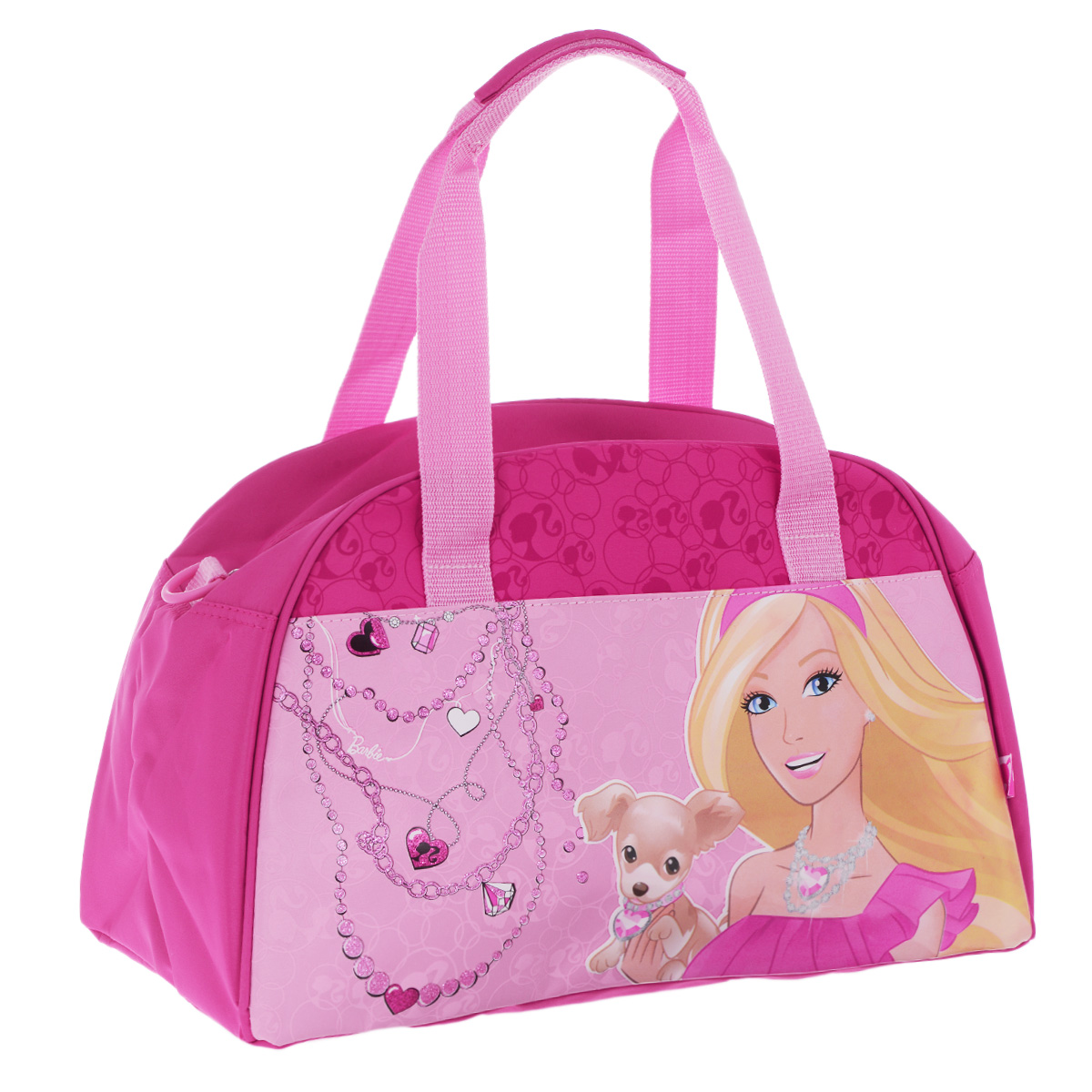 Barbie Сумка спортивная детская цвет розовыйBRDLR-12T-3452 Barbie Сумка спортивная детская цвет розовыйBRDLR-12T-3452Детская спортивная сумка Barbie придется по вкусу любой активной девочке, посещающей спортзал или спортивные секции. Сумка изготовлена из высококачественного износостойкого полиэстера и оформлена оригинальным принтом и глянцевым изображением знаменитой красавицы Барби с очаровательным щенком. Сумка состоит из одного вместительного отделения, закрывается на застежку-молнию. Внутри располагается небольшой накладной карман на застежке-молнии. Язычок молнии выполнен в виде розовой туфельки. Сумка имеет удобные ручки для переноски, а также съемный плечевой ремень, регулирующийся по длине. Сумка очень просторная, в ней без труда поместится спортивная форма или сменная одежда. Спортивная сумка - незаменимый аксессуар для юной спортсменки, который сочетает в себе практичность и модный дизайн. Красочная сумка сделает посещение спортивных секций не только приятным, но и модным занятием. Порадуйте свою малышку таким замечательным подарком!
