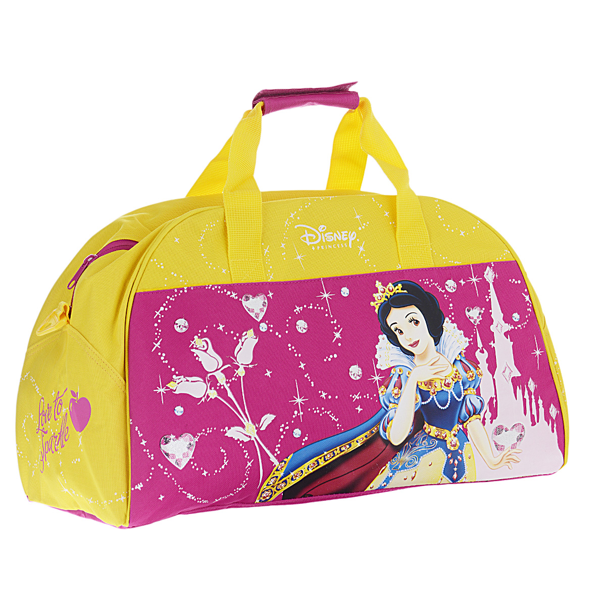 Disney Princess Сумка спортивная детская цвет розовый желтыйPRJW-09T-3452 Disney Princess Сумка спортивная детская цвет розовый желтыйPRJW-09T-3452Детская спортивная сумка Princess придется по вкусу любой активной девочке, посещающей спортзал или спортивные секции. Сумка изготовлена из высококачественного износостойкого полиэстера и оформлена оригинальным цветочным принтом и изображением Белоснежки в роскошном наряде принцессы. Сумка состоит из одного вместительного отделения, закрывается на застежку-молнию. Внутри располагается небольшой накладной карман на застежке-молнии. Сумка имеет съемное твердое дно, которое при необходимости можно извлечь. Сумка имеет удобные ручки для переноски, скрепляющиеся хлястиком на липучке, а также съемный плечевой ремень, регулирующийся по длине. Дно сумки оснащено пластиковыми ножками, обеспечивающими необходимую устойчивость. Спортивная сумка - незаменимый аксессуар для юной спортсменки, который сочетает в себе практичность и модный дизайн. Красочная сумка сделает посещение спортивных секций не только приятным, но и модным занятием.