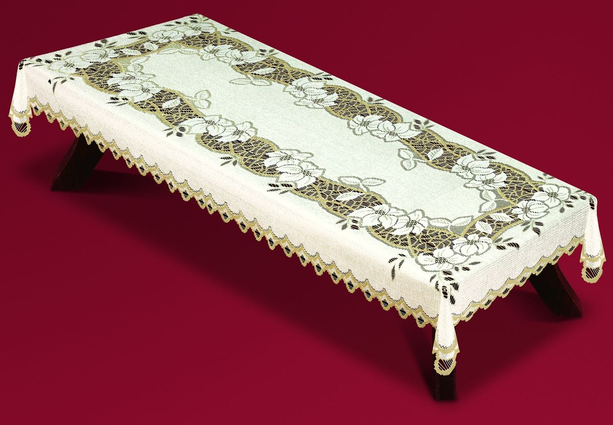 Скатерть Haft, прямоугольная, цвет: кремовый, золотистый, 300 x 150 см. 54430-15054430-150 Скатерть Haft, прямоугольная, цвет: кремовый, золотистый, 300 x 150 см. 54430-15054430-150Великолепная прямоугольная скатерть Haft, выполненная из полиэстера, органично впишется в интерьер любого помещения, а оригинальный дизайн удовлетворит даже самый изысканный вкус. Скатерть изготовлена из сетчатого материала с ажурным цветочным рисунком. Края скатерти ажурные. Скатерть Haft создаст праздничное настроение и станет прекрасным дополнением интерьера гостиной, кухни или столовой.
