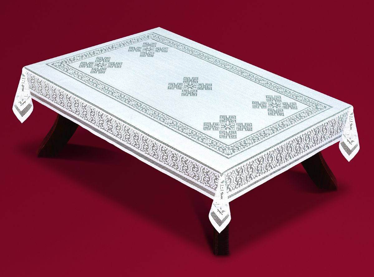 Скатерть Haft, прямоугольная, цвет: белый, 130 x 180 см. 59350-13059350-130 Скатерть Haft, прямоугольная, цвет: белый, 130 x 180 см. 59350-13059350-130Великолепная прямоугольная скатерть Haft, выполненная из полиэстера, органично впишется в интерьер любого помещения, а оригинальный дизайн удовлетворит даже самый изысканный вкус. Скатерть изготовлена из сетчатого материала с ажурным орнаментом. Скатерть Haft создаст праздничное настроение и станет прекрасным дополнением интерьера гостиной, кухни или столовой.