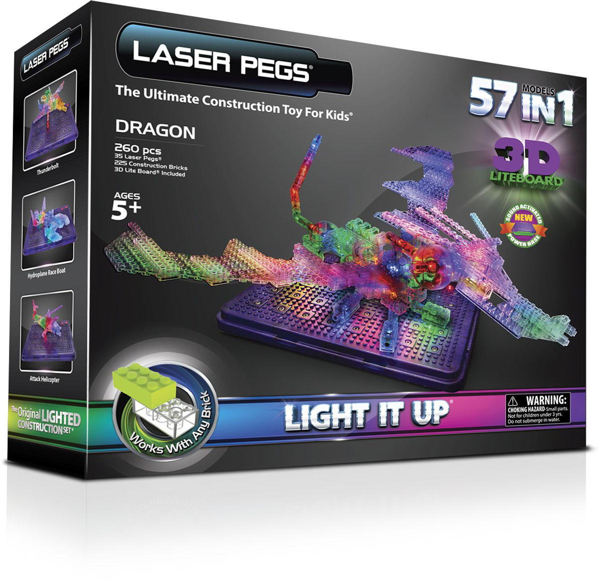 Laser Pegs Конструктор Дракон 57 в 11070 Laser Pegs Конструктор Дракон 57 в 11070Яркий конструктор Laser Pegs Дракон непременно понравится вашему малышу и не позволит ему скучать. С помощью такого конструктора малыш сможет собрать 57 моделей самолетов, кораблей, космических шаттлов, птиц и даже драконов, руководствуясь инструкцией или полагаясь на свою фантазию. Конструктор выполнен из прочного пластика и включает в себя 225 прозрачных элементов конструктора, 35 элементов со светодиодами, световую 3D-панель и подробную инструкцию на русском языке. Световая панель закрепляется на удобном контейнере для хранения деталей конструктора. Набор совместим с другими конструкторами Laser Pegs. Ребенок сможет часами играть с этим конструктором, придумывая разные истории и комбинируя детали. Из элементов разных форм и размеров, а также деталей со встроенными светодиодами ребенок создаст оригинальные красочные фигурки. При выключенном свете модели из этого конструктора выглядит особенно эффектно, фигурку можно использовать как ночник! Игры с...