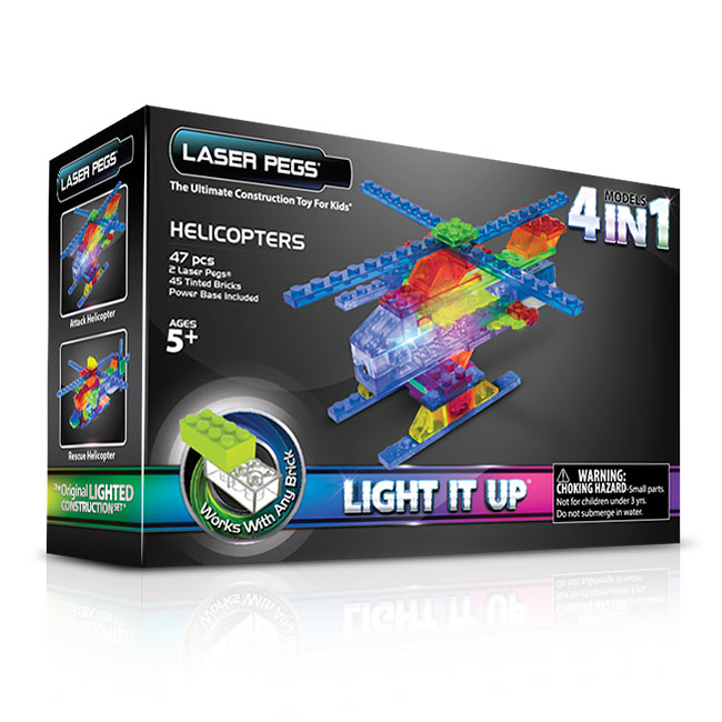Laser Pegs Конструктор Вертолеты 4 в 1MPS400B Laser Pegs Конструктор Вертолеты 4 в 1MPS400BЯркий конструктор Laser Pegs Вертолеты непременно понравится вашему малышу и не позволит ему скучать. С помощью такого конструктора малыш сможет собрать 4 разные модели вертолетов - боевой T1 Super Cobra, спасательный, грузовой и военный. Конструктор выполнен из прочного пластика и включает в себя 45 элементов конструктора, 2 элемента со светодиодами, мобильный источник питания и подробную инструкцию на русском языке. Все элементы конструктора имеют яркие цвета и безопасны для малыша. У игрушки есть два режима свечения: обычный и мигающий. Ребенок сможет часами играть с этим конструктором, придумывая разные истории и комбинируя детали. Из разноцветных элементов разных форм и размеров и деталей со встроенными светодиодами ребенок создаст фигурки вертолетов. При выключенном свете модели из этого конструктора выглядит особенно эффектно, фигурку можно использовать как ночник! Игры с конструкторами помогут ребенку развить воображение, внимательность, зрительное...