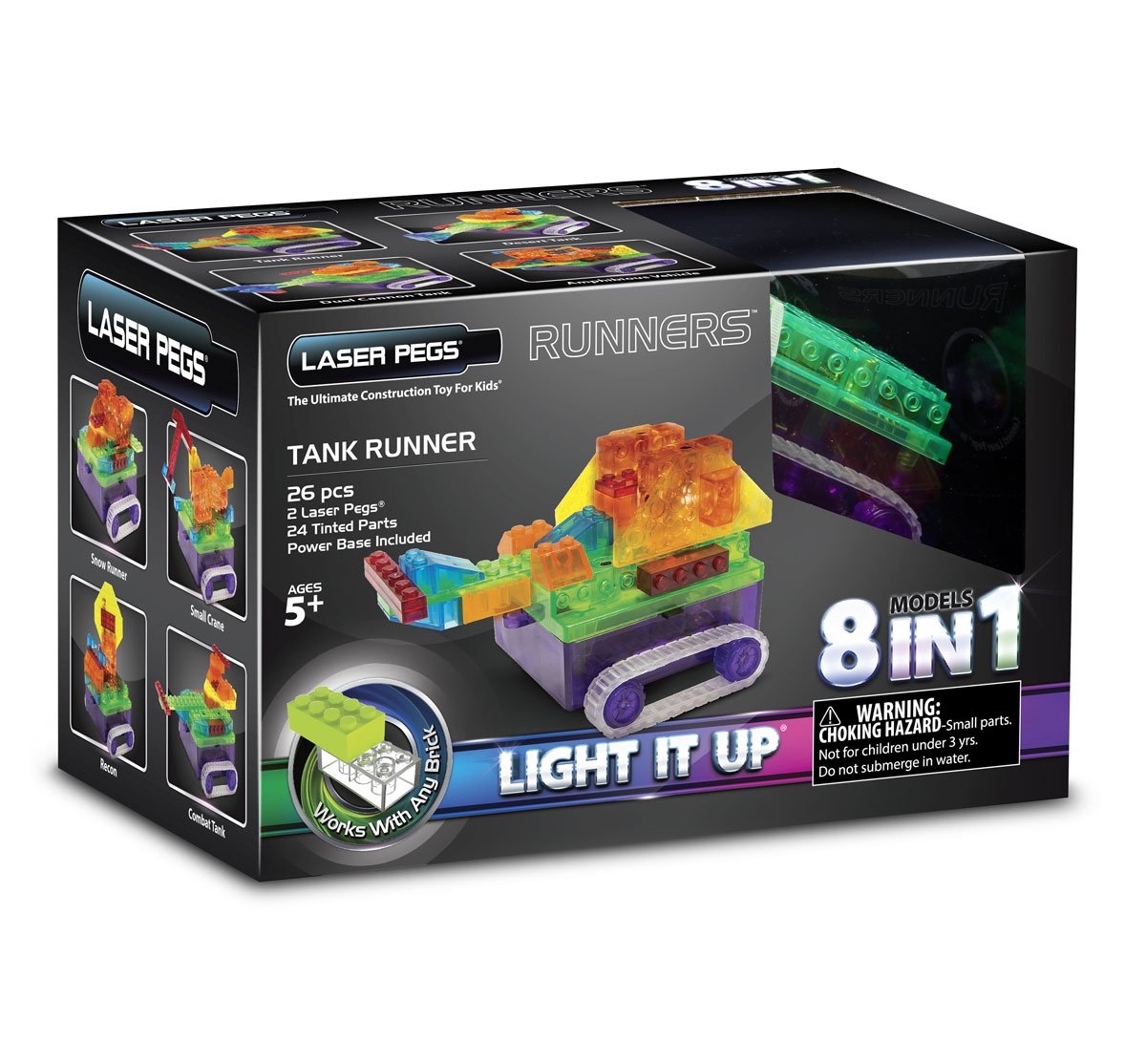 Laser Pegs Конструктор Танк 8 в 1RN1330B Laser Pegs Конструктор Танк 8 в 1RN1330BЯркий конструктор Laser Pegs Танк непременно понравится вашему малышу и не позволит ему скучать. С помощью такого конструктора малыш сможет собрать 8 разных моделей танков, руководствуясь инструкцией или полагаясь на свою фантазию. Конструктор выполнен из прочного пластика и включает в себя 24 прозрачных элемента конструктора, 2 элемента со светодиодами, приводную базу и подробную инструкцию на русском языке. У игрушки есть 4 режима: выключение питания, при котором можно играть, как с обычным конструктором; освещение; освещение во время движения; мигание во время движения. Ребенок также имеет возможность управлять скоростью модели. Набор совместим с другими конструкторами Laser Pegs. Ребенок сможет часами играть с этим конструктором, придумывая разные истории и комбинируя детали. Из элементов разных форм и размеров, и деталей со встроенными светодиодами ребенок создаст фигурки танков. При выключенном свете модели из этого конструктора выглядит особенно...