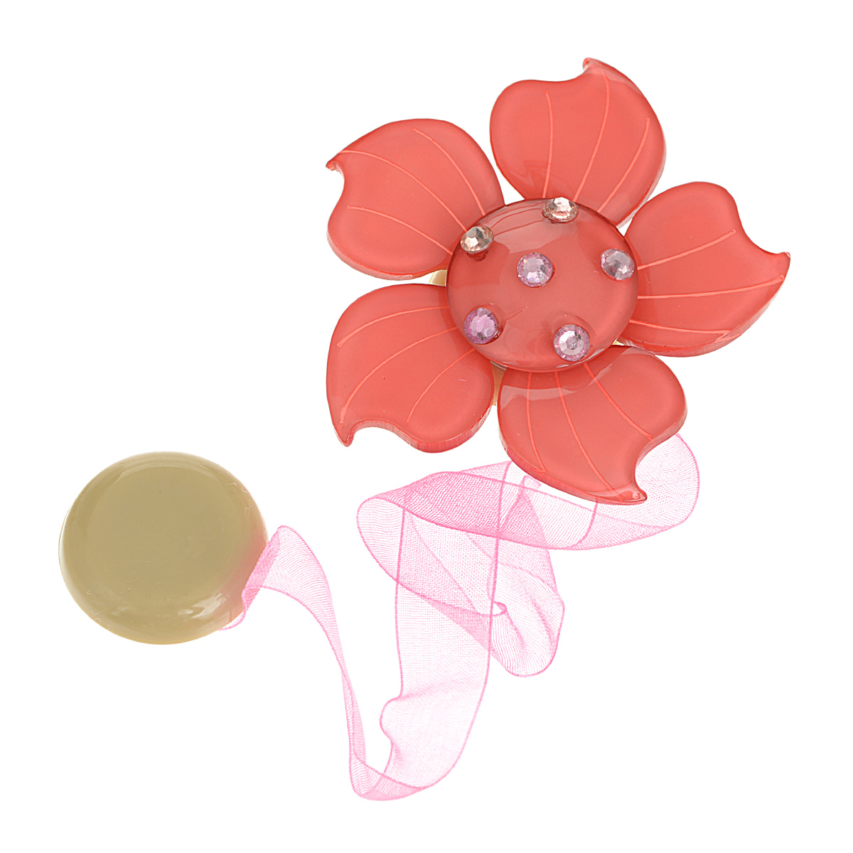Клипса-магнит для штор Calamita Fiore, цвет: коралловый. 7704007_5407704007_540 Клипса-магнит для штор Calamita Fiore, цвет: коралловый. 7704007_5407704007_540Клипса-магнит Calamita Fiore, изготовленная из пластика и текстиля, предназначена для придания формы шторам. Изделие представляет собой два магнита, расположенные на разных концах текстильной ленты. Один из магнитов оформлен декоративным цветком и украшен стразами. С помощью такой магнитной клипсы можно зафиксировать портьеры, придать им требуемое положение, сделать складки симметричными или приблизить портьеры, скрепить их. Клипсы для штор являются универсальным изделием, которое превосходно подойдет как для штор в детской комнате, так и для штор в гостиной. Следует отметить, что клипсы для штор выполняют не только практическую функцию, но также являются одной из основных деталей декора этого изделия, которая придает шторам восхитительный, стильный внешний вид. Диаметр декоративного цветка: 6 см. Диаметр магнита: 2,5 см. Длина ленты: 28 см.