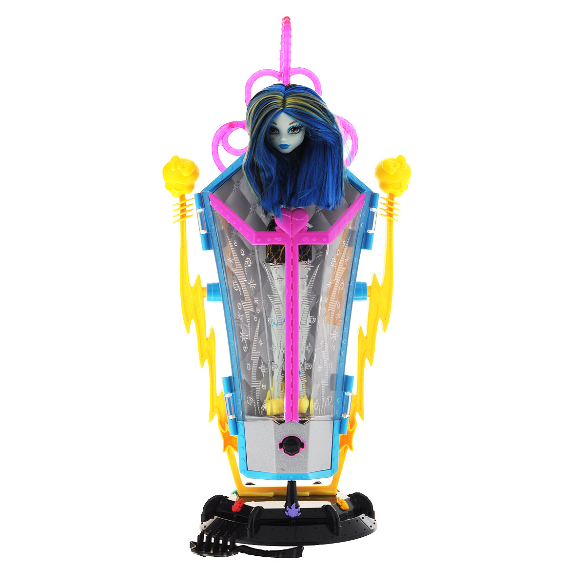 Monster High Игровой набор с куклой Камера подзарядки Фрэнки ШтейнBJR46 Monster High Игровой набор с куклой Камера подзарядки Фрэнки ШтейнBJR46Этот удивительный набор подарит множество увлекательных минут вашей девочке. С его помощью она окунется в изумительный мир сериала Школа монстров и поможет красавице Фрэнки Штейн провести перезарядку. В набор входит прелестная куколка с восхитительными сине-желтыми длинными волосами, которые можно расчесывать. Куколка одета в короткое черное платье и желтые туфли на высоком каблуке. Весь ее костюм украшен в стилистике электрических зарядов и молний. С помощью гребня, который входит в набор, вы сможете делать Френки Штейн сумасшедшие прически, которые приведут в восторг других учениц Школы монстров. Кукла имеет множество точек артикуляции, очень подвижна и способна принимать практически любые позы. Чтобы провести процесс перезарядки, Френки нужно поместить в трансформатор и зафиксировать там. После нажатия на кнопочку тело куколки полностью проникнется электрическим зарядом, и ваш ребенок увидит, как у Френки постепенно встанут дыбом волосы, образовав красивый ореол...
