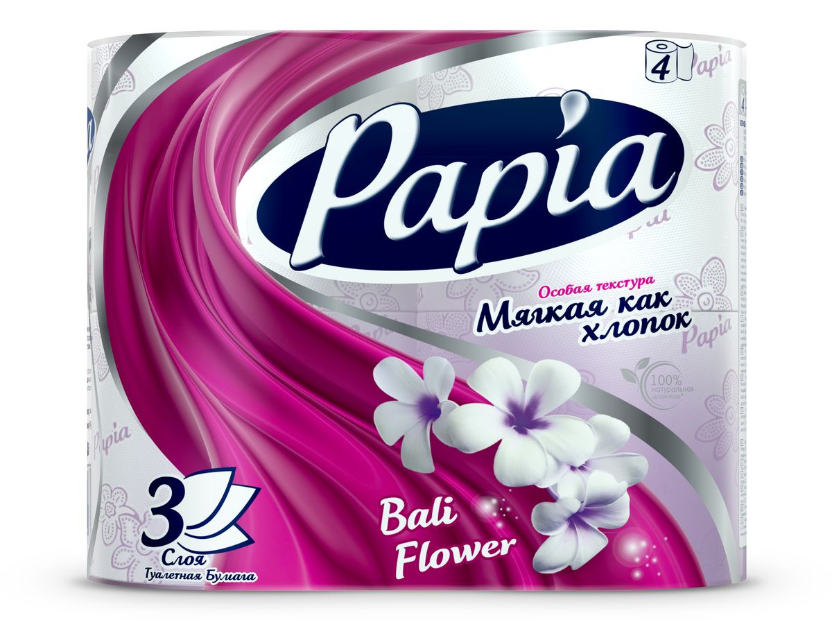 Туалетная бумага Papia Bali Flower ароматизированная, трехслойная, цвет: белый, 4 рулона15284 Туалетная бумага Papia Bali Flower ароматизированная, трехслойная, цвет: белый, 4 рулона15284Трехслойная туалетная бумага Papia Bali Flower изготовлена из целлюлозы высшего качества. Листы оформлены тисненым рисунком в виде цветов и надписи Papia. Мягкая, нежная, но в тоже время прочная, бумага не расслаивается и отрывается строго по линии перфорации. Бумага ароматизирована. Туалетная бумага Papia Bali Flower предназначена для тех, кто хочет, чтобы ванная была самая уютная на свете, а нежный аромат балийского цветка поднимет вам настроение. Товар сертифицирован. Материал: 100% целлюлоза. Количество листов (в одном рулоне): 140 шт. Количество слоев: 3. Размер листа: 9,5 см х 12 см. Длина рулона: 16,8 м.
