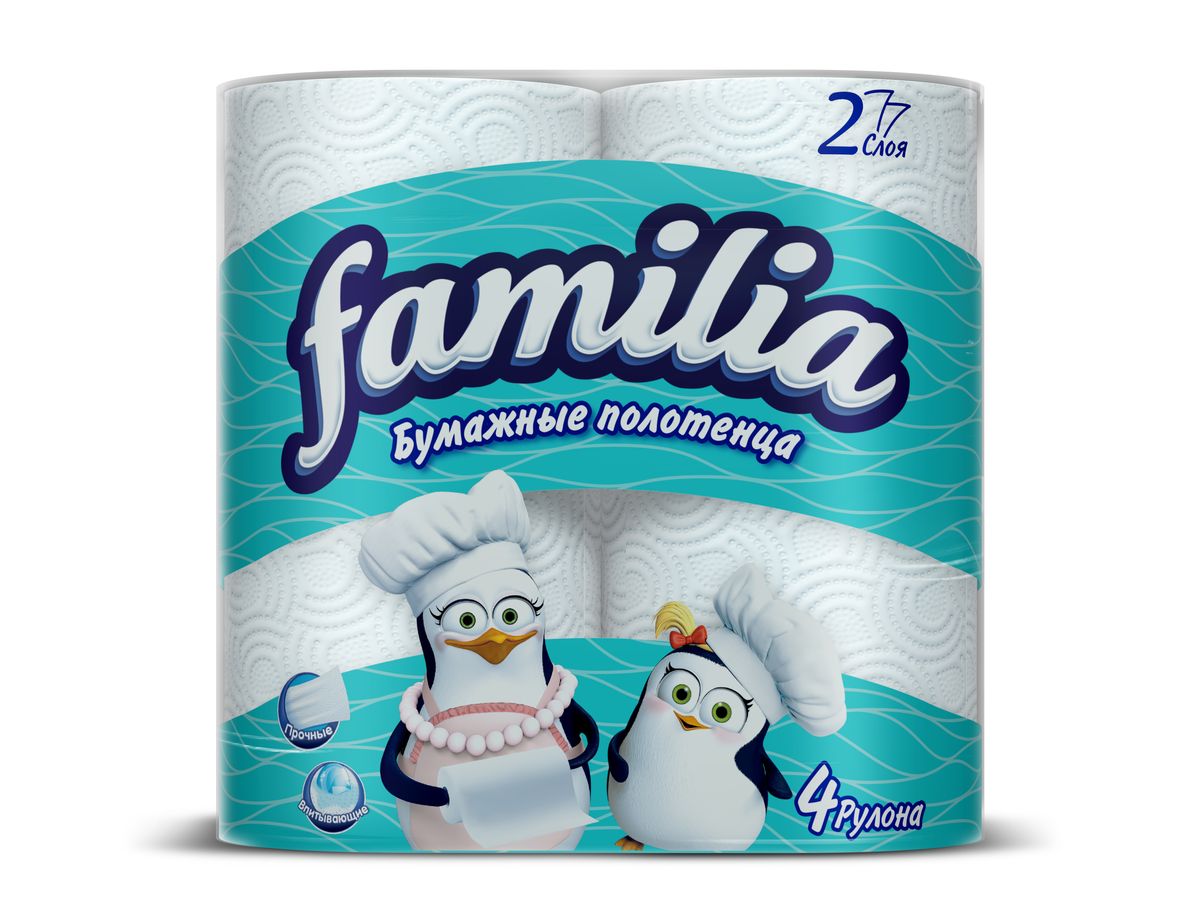 Полотенца бумажные Familia, двухслойные, цвет: белый, 4 рулона15301 Полотенца бумажные Familia, двухслойные, цвет: белый, 4 рулона15301Двухслойные бумажные полотенца Familia, выполненные из 100% целлюлозы, подарят превосходный комфорт и ощущение чистоты и свежести. Бумажные полотенца Familia просты в использовании, их не надо стирать и просто утилизировать. Безупречно белые, они подчеркивают чистоту вашего дома и вашу искреннюю заботу о близких. Специальное тиснение улучшает способность материала впитывать влагу, что позволяет полотенцам еще лучше справляться со своей работой. Изделия отрываются по специальной перфорации. Стол, пол, подоконник - все будет чистым и свежим, а полотенце просто отправится в ведро. Товар сертифицирован. Количество рулонов: 4. Количество листов в рулоне: 50 шт. Размер листа: 22,7 см х 25 см. Длина рулона: 12,5 м. Количество слоев: 2.