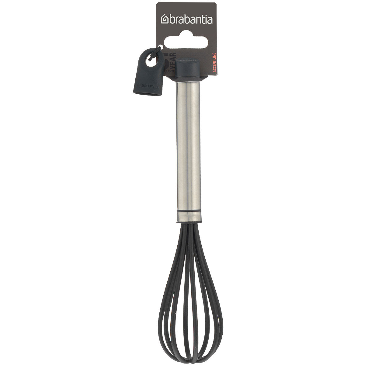 Венчик Brabantia Accent, малый, длина 25 см463662 Венчик Brabantia Accent, малый, длина 25 см463662Венчик Brabantia Accent поможет в решении большинства кулинарных задач, требующих взбивания и смешивания. Благодаря небольшому размеру этот венчик удобно использовать в небольших мисках и чашках. Рабочая поверхность изготовлена из высококачественного огнеупорного нейлона (макс. 220°C) и имеет длительный срок службы. Рукоятка выполнена из прочной нержавеющей стали. Изделие безопасно для посуды с антипригарным покрытием, имеет сглаженные формы и не оставляет царапин. В комплекте съемный силиконовый колпачок черного цвета для рукоятки. Используя съемные колпачки разных цветов (продаются отдельно), вы можете создавать свой оригинальный стиль. Можно мыть в посудомоечной машине. Длина венчика: 25 см. Диаметр рабочей поверхности: 5,5 см. Высота рабочей поверхности: 11,5 см.