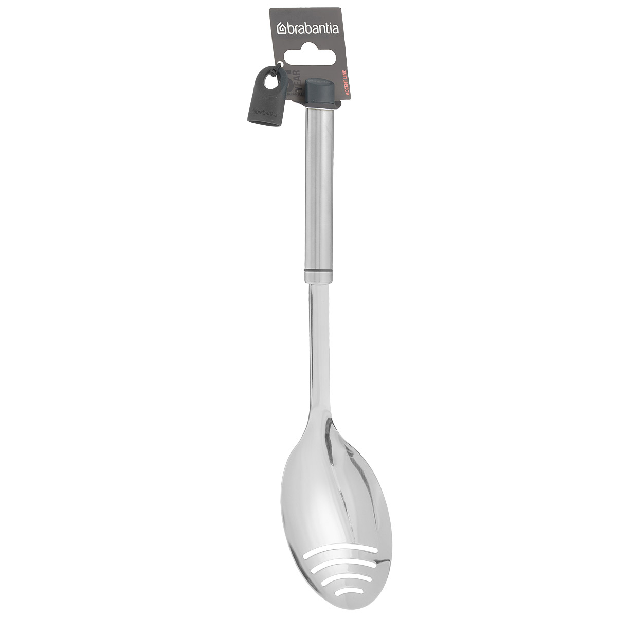 Ложка с прорезями Brabantia Accent, длина 34 см463464 Ложка с прорезями Brabantia Accent, длина 34 см463464Ложка с прорезями Brabantia Accent поможет достать приготовленные продукты из жидкостей, одновременно позволяя лишнему жиру или соусу стечь через специально предусмотренные отверстия. Ложка выполнена из высококачественной нержавеющей стали с зеркальной полировкой. Благодаря отсутствию сварных швов изделие гигиенично и удобно в очистке. В комплекте съемный силиконовый колпачок черного цвета для рукоятки. Используя съемные колпачки разных цветов (продаются отдельно), вы можете создавать свой оригинальный стиль. Можно мыть в посудомоечной машине. Длина ложки: 34 см. Размер рабочей поверхности: 7,5 см х 11 см.