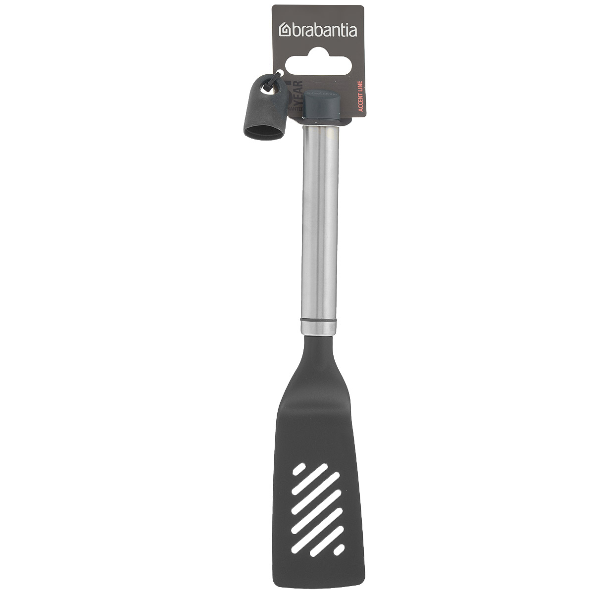 Лопатка с прорезями Brabantia Accent, малая, длина 27 см463761 Лопатка с прорезями Brabantia Accent, малая, длина 27 см463761Лопатка с прорезями Brabantia Accent поможет достать приготовленные продукты из жидкостей, одновременно позволяя лишнему жиру стечь через специально предусмотренные отверстия. Рабочая поверхность выполнена из высококачественного огнеупорного нейлона (макс. 220°C) и имеет длительный срок службы. Рукоятка выполнена из нержавеющей стали. Изделие безопасно для посуды с антипригарным покрытием, имеет сглаженные формы и не оставляет царапин. В комплекте съемный силиконовый колпачок черного цвета для рукоятки. Используя съемные колпачки разных цветов (продаются отдельно), вы можете создавать свой оригинальный стиль. Можно мыть в посудомоечной машине.