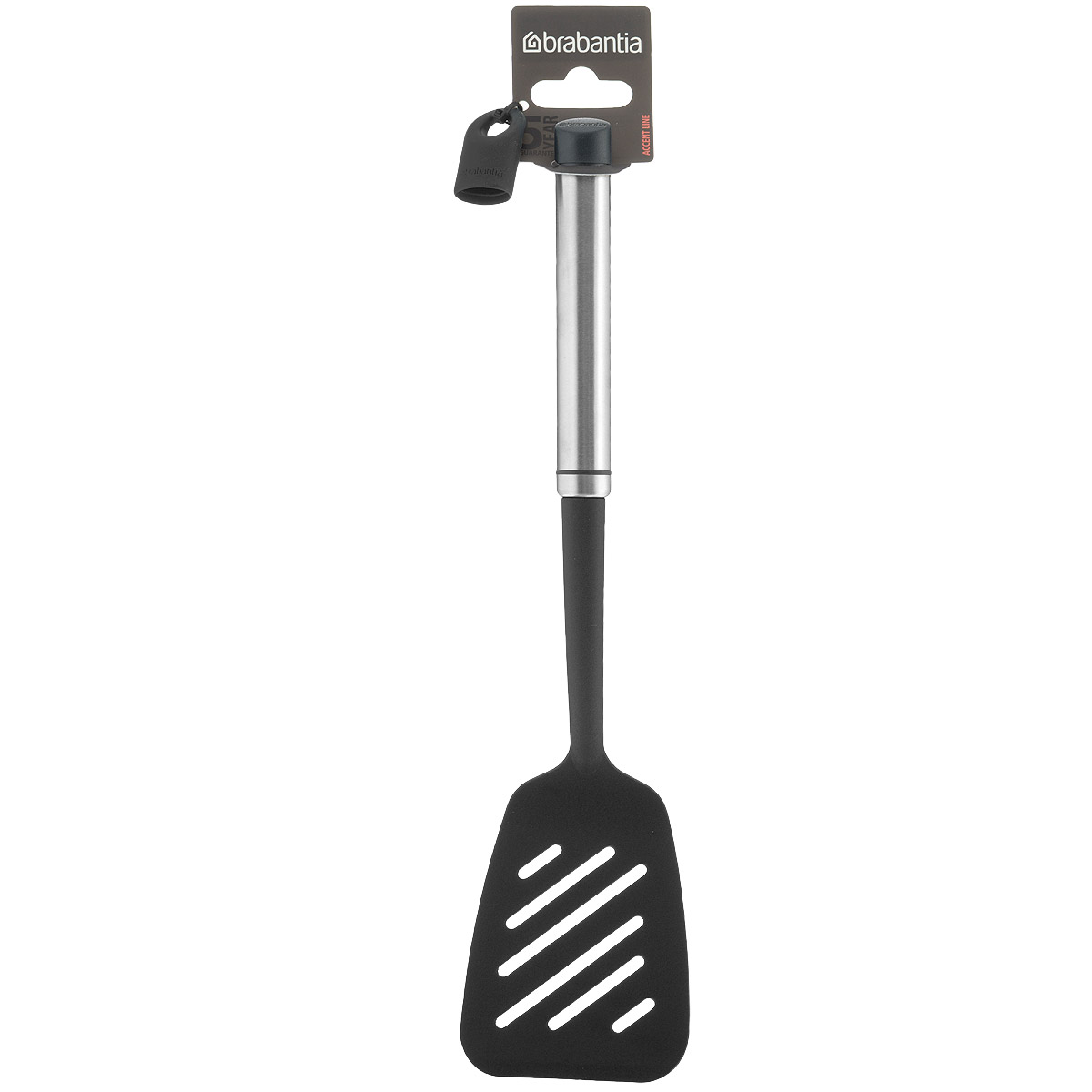 Лопатка с прорезями Brabantia Accent, длина 34 см463747 Лопатка с прорезями Brabantia Accent, длина 34 см463747Лопатка с прорезями Brabantia Accent поможет достать приготовленные продукты из жидкостей, одновременно позволяя излишнему жиру стечь через специально предусмотренные отверстия. Рабочая поверхность выполнена из высококачественного огнеупорного нейлона (макс. 220°C) и имеет длительный срок службы. Рукоятка изготовлена из нержавеющей стали. Изделие безопасно для посуды с антипригарным покрытием, имеет сглаженные формы и не оставляет царапин. В комплекте съемный силиконовый колпачок черного цвета для рукоятки. Используя съемные колпачки разных цветов (продаются отдельно), вы можете создавать свой оригинальный стиль. Можно мыть в посудомоечной машине. Длина лопатки: 34 см. Размер рабочей поверхности: 8 см х 11 см.