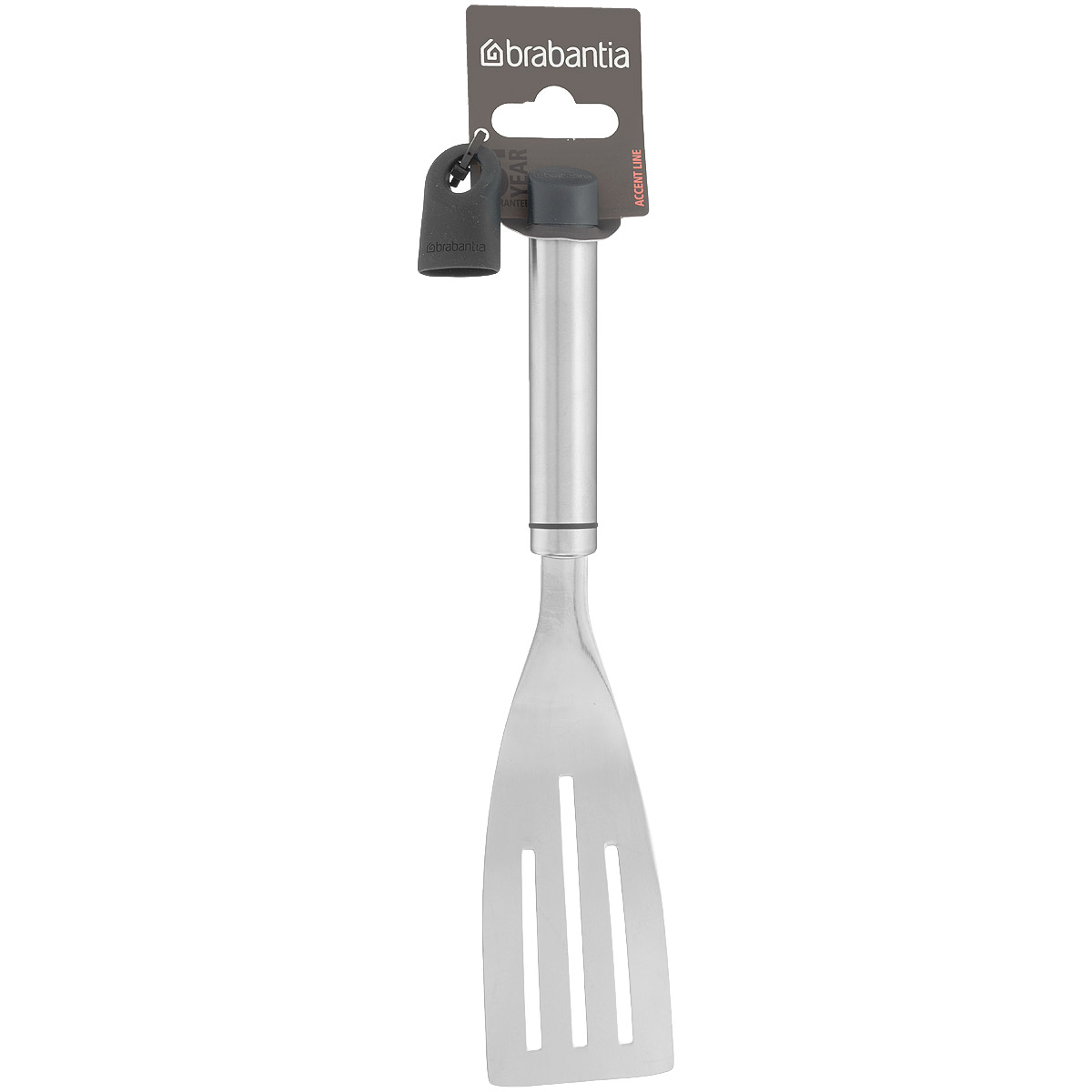 Лопатка с прорезями Brabantia Accent, малая, длина 26 см463587 Лопатка с прорезями Brabantia Accent, малая, длина 26 см463587Лопатка с прорезями Brabantia Accent поможет достать приготовленные продукты, одновременно позволяя излишнему жиру стечь через специально предусмотренные отверстия. Лопатка выполнена из высококачественной нержавеющей стали с зеркальной полировкой. Благодаря отсутствию сварных швов изделие гигиенично и удобно в очистке. В комплекте съемный силиконовый колпачок черного цвета для рукоятки. Используя съемные колпачки разных цветов (продаются отдельно), вы можете создавать свой оригинальный стиль. Можно мыть в посудомоечной машине. Длина лопатки: 26 см. Размер рабочей поверхности: 5,3 см х 10 см.