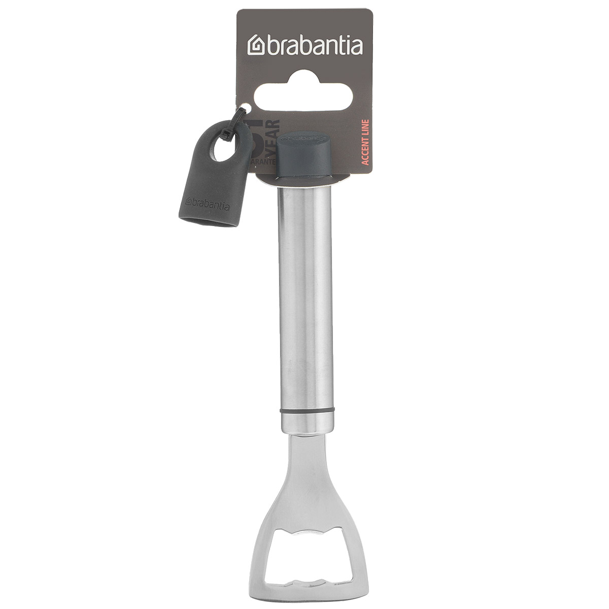 Открывалка для бутылок Brabantia Accent. 463105463105 Открывалка для бутылок Brabantia Accent. 463105463105Открывалка для бутылок Brabantia Accent изготовлена из высококачественной нержавеющей стали. Легко открывает любые бутылки с кронепробками. Удобна в использовании благодаря длинной ручке и оптимальному рычагу. В комплекте съемный силиконовый колпачок черного цвета для рукоятки. Используя съемные колпачки разных цветов (продаются отдельно), вы можете создавать свой оригинальный стиль. Можно мыть в посудомоечной машине. Длина открывалки: 17 см.
