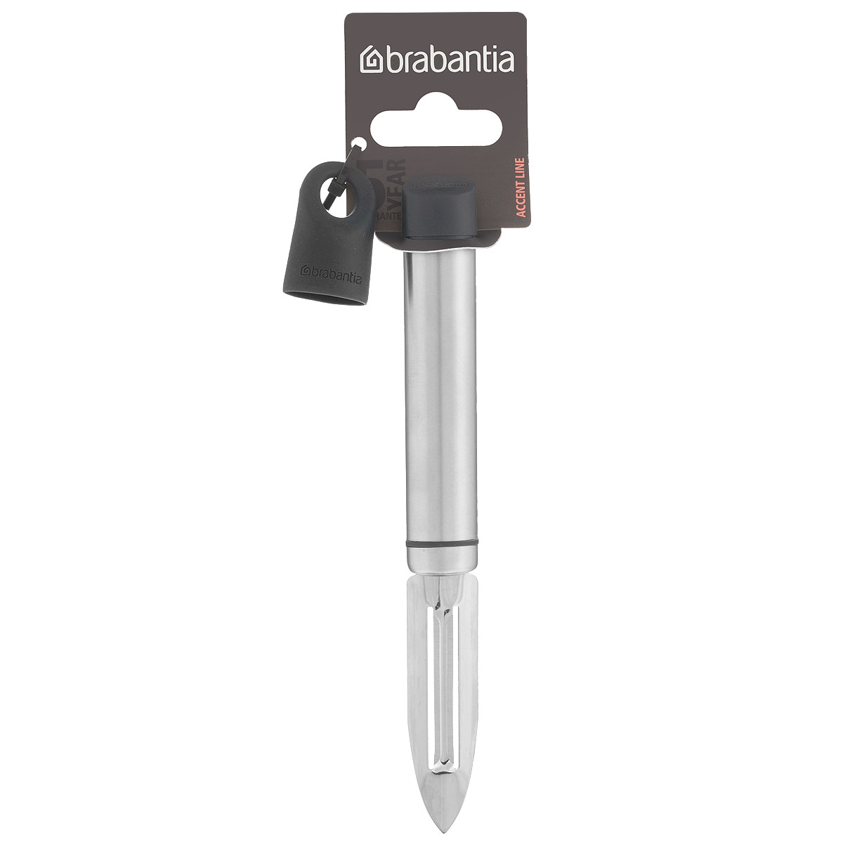 Нож для чистки Brabantia Accent, длина лезвия 7,5 см463228 Нож для чистки Brabantia Accent, длина лезвия 7,5 см463228Нож для чистки Brabantia Accent идеально подходит для малоотходной чистки моркови, огурцов, яблок и других плодов. Может использоваться левой или правой рукой. Нож оснащен двусторонним лезвием из нержавеющей стали, специальный кончик предназначен для вырезания глазков. В комплекте съемный силиконовый колпачок черного цвета для рукоятки. Используя съемные колпачки разных цветов (продаются отдельно), вы можете создавать свой оригинальный стиль. Можно мыть в посудомоечной машине. Длина ножа: 19 см.