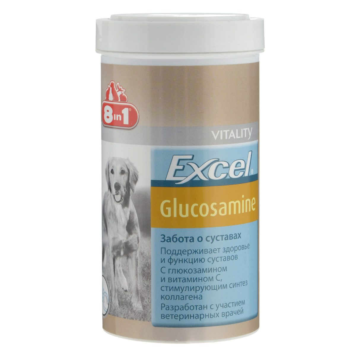 Добавка для собак 8 in 1 Excel. Glucosamin, 110 таблеток121596 Добавка для собак 8 in 1 Excel. Glucosamin, 110 таблеток1215968 in 1 Excel. Glucosamin - Это кормовая добавка в таблетках, содержащая глюкозамин и стабилизированный витамин C для обеспечения здоровья суставов и подвижности вашей собаки. Глюкозамин входит в состав соединительной, хрящевой тканей и синовиальной жидкости. Ежедневное употребление глюкозамина улучшает регенерацию тканей сустава и препятствует его разрушению, благодаря чему ваш питомец не будет испытывать дискомфорт при движении. Витамин С способствует выработке коллагена, поддерживает эластичность соединительной ткани и связок. Состав: минеральные вещества, моллюски и раки (глюкозамин гидрохлорид 11,3%), стеариновая кислота, магния стерат. Аналитические компоненты: сырой белок 22%, сырые жиры и масла 4%, сырая клетчкатка 2%, сырая зола 35%. Добавки: витамин С 5000 мг/кг. Товар сертифицирован.