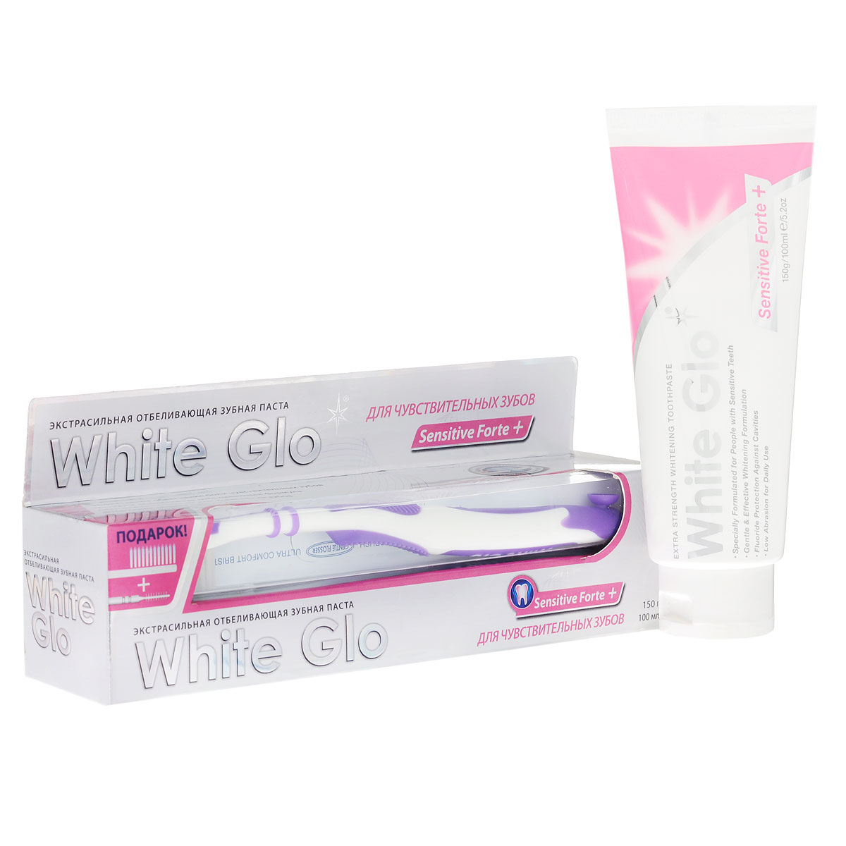 White Glo Зубная паста Sensitive Forte Plus, отбеливающая, для снижения чувствительности зубов, 150 г + Зубная щетка + Зубочистки115549 White Glo Зубная паста Sensitive Forte Plus, отбеливающая, для снижения чувствительности зубов, 150 г + Зубная щетка + Зубочистки115549Отбеливающая зубная паста White Glo Sensitive Forte +, снижающая чувствительность зубов (Сенситив Форте Плюс). Чувствительность зубов и десен может помешать наслаждаться маленькими радостями жизни, например, мороженым, фруктами или холодными напитками. Отбеливающая зубная паста White Glo Sensitive Forte + содержит нитрат калия, который помогает предотвратить острую боль и дискомфорт, связанные с чувствительностью зубов. Паста успокаивает нервные окончания и защищает от боли чувствительные зубы. Регулярное использование пасты White Glo Sensitive Forte + эффективно сократит чувствительность зубов, защитит их от кариеса и обеспечит бережное отбеливание. Зубная щетка White Glo с утонченной щетиной специально разработана для чувствительных зубов и десен. Ультракомфортные утонченные щетинки глубоко проникают между зубов и массируют десны, чтобы улучшить действие пасты (средней жесткости). Используйте нитевидные зубочистки White Glo,...