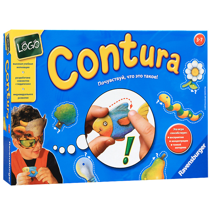 Ravensburger Настольная игра Contura24437 Ravensburger Настольная игра Contura24437Настольная игра Ravensburger Контуры займет внимание вашего малыша надолго. Надев маски, игрокам предстоит вытащить фигуру и наощупь, обводя пальцами контур, определить, что она изображает. Тот, кто отгадает наибольшее количество фигур, становится победителем. Классическая игра предусматривает множество вариантов как для нескольких игроков, так и для одного игрока: Узнай фигуру, Лото по картинкам и Лото на ощупь. Комплект игры включает 5 карточек с 40 фигурками, 2 картонные маски и подробные правила игры на русском языке. Игра способствует развитию концентрации, наблюдательности и мелкой моторики рук. Рекомендуемый возраст: от 3 до 7 лет. Продолжительность игры: 15-20 минут.