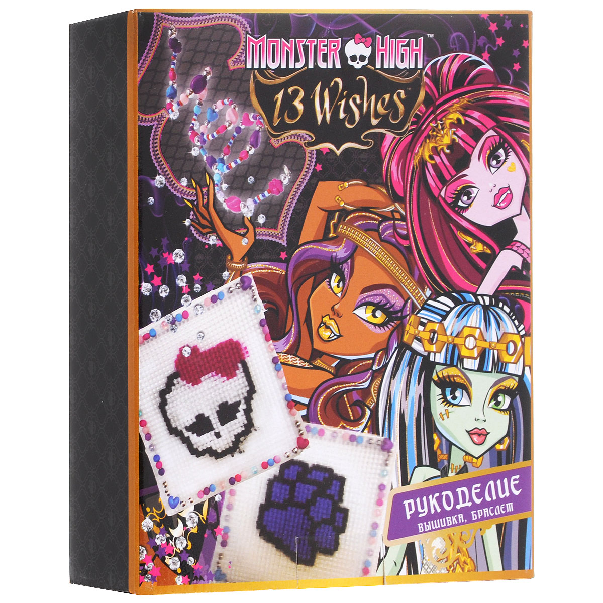 Набор для творчества Centrum Monster high. Вышивка крестиком86 Набор для творчества Centrum Monster high. Вышивка крестиком86Набор для творчества Centrum Monster high. Вышивка крестиком прекрасно подойдет вашей малышке, станет замечательным подарком и доставит ей много удовольствия. В набор входит пластиковая канва, схема с 2 рисунками, разнообразные бусины, нитки, фурнитура для создания браслетов и безопасная пластиковая игла. С помощью набора ваша дочка сама с легкостью создаст великолепную картинку с изображением волчьей лапки или черепушки с бантиком - логотипов мультфильма Школа монстров, которую можно поставить в рамочку и украсить ей интерьер дома. А при помощи входящих в набор бусин малышка сможет изготовить 2 великолепных браслета. Вышивание крестиком - замечательное прикладное искусство, которое так весело и полезно осваивать вместе с ребенком! Порадуйте вашего ребенка таким замечательным подарком!