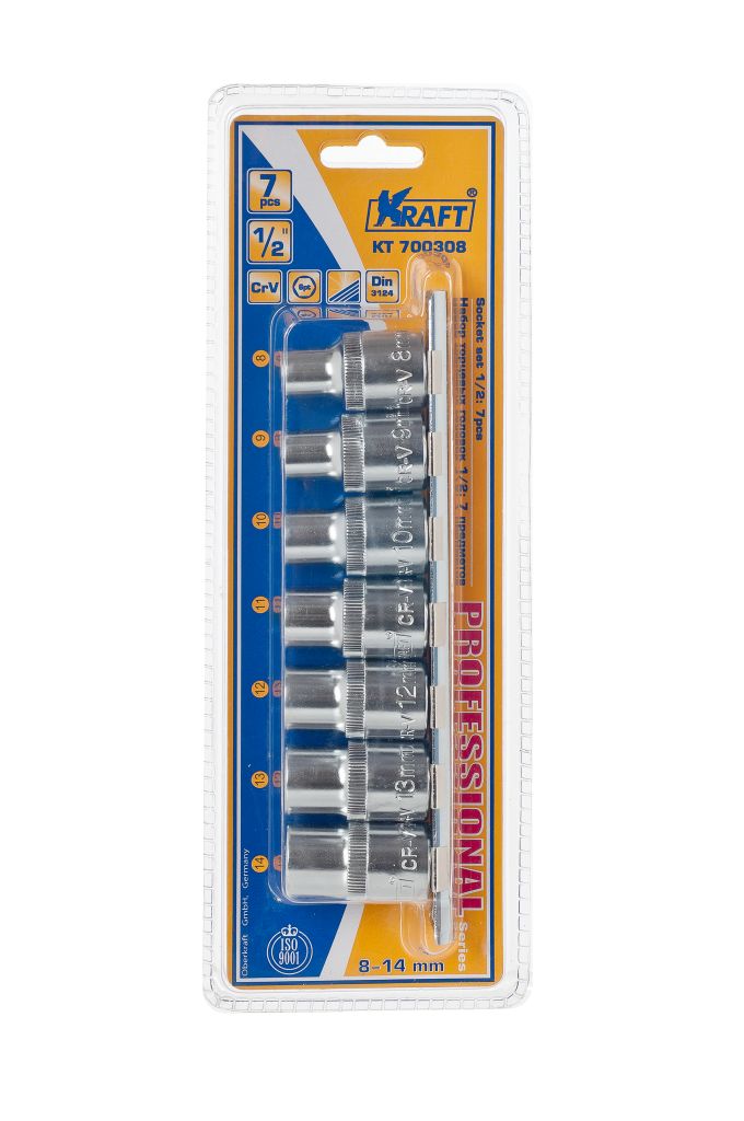 Набор торцевых головок Kraft Professional, 1/2, 8 мм - 14 мм, 7 штКТ700308 Набор торцевых головок Kraft Professional, 1/2, 8 мм - 14 мм, 7 штКТ700308В набор Kraft Professional входят шестигранные торцевые головки на планке под квадрат 1/2 следующих размеров: 8 мм, 9 мм, 10 мм, 11 мм, 12 мм, 13 мм, 14 мм. Головки выполнены из хромованадиевой стали. Торцевые головки Kraft Professional изготовлены из хромованадиевой стали марки 50BV30 со специальным трехслойным покрытием, обеспечивающим долговременную защиту от механических повреждений.
