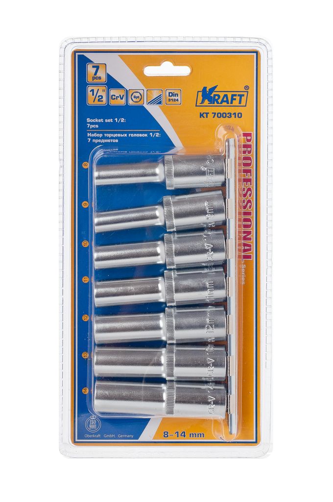 Набор торцевых удлиненных головок Kraft Professional, 1/2, 8 мм - 14 мм, 7 штКТ700310 Набор торцевых удлиненных головок Kraft Professional, 1/2, 8 мм - 14 мм, 7 штКТ700310В набор Kraft Professional входят шестигранные торцевые головки на планке под квадрат 1/2 следующих размеров: 8 мм, 9 мм, 10 мм, 11 мм, 12 мм, 13 мм, 14 мм. Головки выполнены из хромованадиевой стали. Торцевые головки Kraft Professional изготовлены из хромованадиевой стали марки 50BV30 со специальным трехслойным покрытием, обеспечивающим долговременную защиту от механических повреждений.