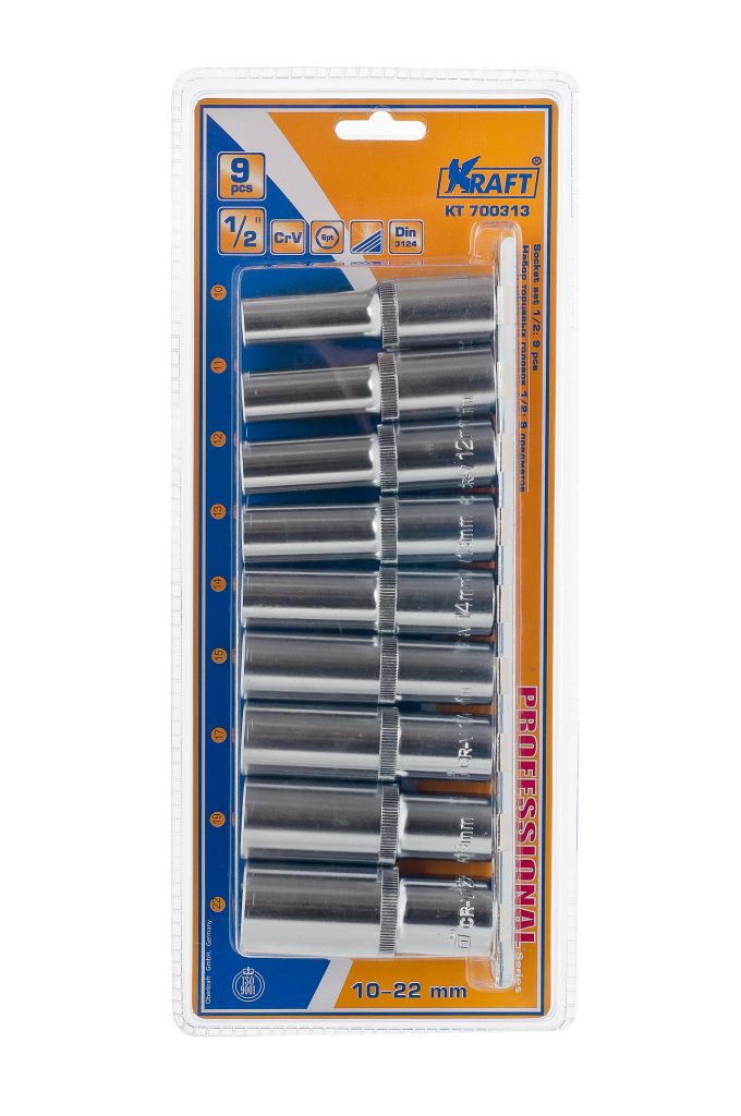 Набор торцевых головок Kraft Professional, высоких, 1/2, 10 мм - 22 мм, 9 штКТ700313 Набор торцевых головок Kraft Professional, высоких, 1/2, 10 мм - 22 мм, 9 штКТ700313В набор Kraft Professional входят высокие шестигранные торцевые головки на планке под квадрат 1/2 следующих размеров: 10 мм, 11 мм, 12 мм, 13 мм, 14 мм 15 мм, 17 мм, 19 мм, 22 мм. Головки выполнены из хромованадиевой стали. Торцевые головки Kraft Professional изготовлены из хромованадиевой стали марки 50BV30 со специальным трехслойным покрытием, обеспечивающим долговременную защиту от механических повреждений.