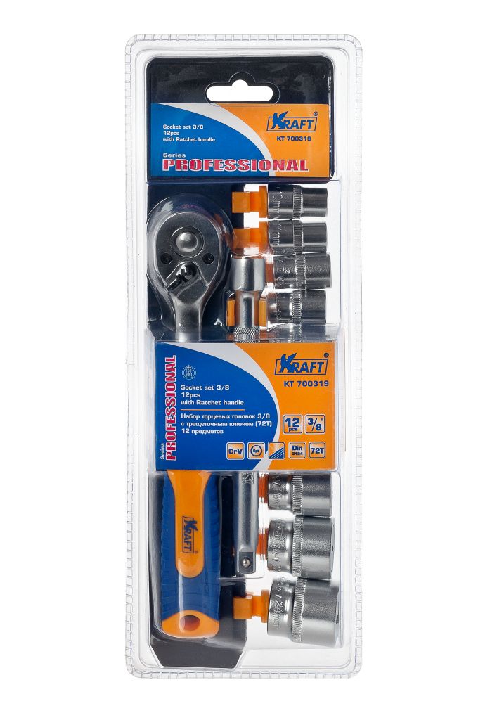 Набор торцевых головок Kraft Professional, с трещоточным ключом, 3/8, 12 предметовКТ700319 Набор торцевых головок Kraft Professional, с трещоточным ключом, 3/8, 12 предметовКТ700319Набор слесарно-монтажного инструмента Kraft Professional предназначен для работы с резьбовыми соединениями. Торцевые головки имеют шестигранный зев и посадочное место для присоединительного квадрата 3/8. Головка с храповым механизмом устраняет необходимость каждый раз устанавливать ключ на крепежный элемент. Состав набора: шестигранные торцевые головки 3/8: 10 мм, 11 мм, 12 мм, 13 мм, 14 мм, 15 мм, 17 мм, 19 мм, 22 мм, 24 мм; рукоятка трещоточная с быстрым сбросом 3/8: 210 мм, 72 зубца; удлинитель 3/8: 150 мм. Торцевые головки Kraft Professional изготовлены из хромованадиевой стали марки 50BV30 со специальным трехслойным покрытием, обеспечивающим долговременную защиту от механических повреждений.