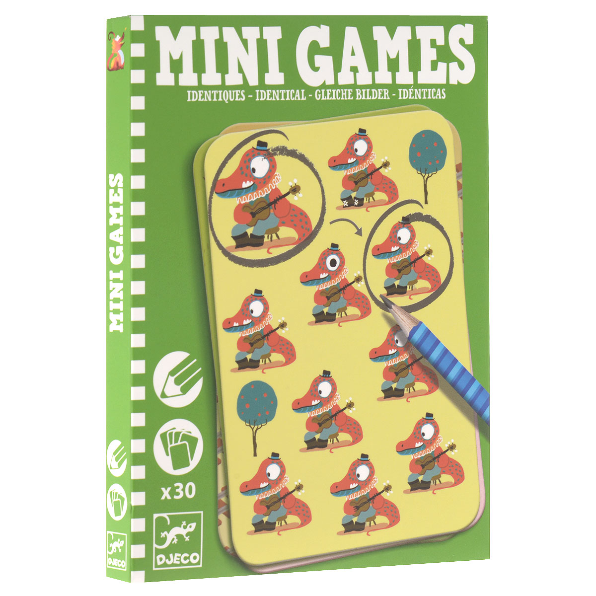 Djeco Мини-игра Найди одинаковые: Эмиль05313 Djeco Мини-игра Найди одинаковые: Эмиль05313Мини-игра Djeco Найди одинаковые: Эмиль от французской компании Djeco понравится детям, которые любят игры на мышление. На карточках изображены на первый взгляд одинаковые яркие картинки с разнообразными сюжетами. Но если хорошо присмотреться, они все немного отличаются. Цель игры – найти абсолютно идентичные картинки. Эта карточная игра не такая простая, как кажется на первый взгляд, ведь для того, чтобы выполнить задание, необходимо быть внимательным и хорошо сконцентрироваться. В комплект игры входят 30 карточек с различными картинками и заточенный чернографитный карандаш с ластиком на конце. Малыш сможет обводить нужные ему картинки, стирая линии при необходимости. Фирма Djeco – это гарантия высокого качества, широкий выбор товаров для гармоничного развития ребенка, над дизайном и иллюстрациями работают опытные детские психологи и дизайнеры.