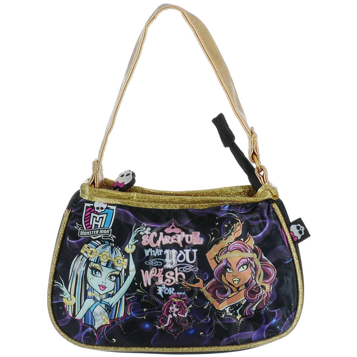 Сумочка детская Monster High. 8531385313 Сумочка детская Monster High. 8531385313Стильная детская сумочка Monster High, оформленная изображением героинь известного мультсериала Школа Монстров, несомненно, понравится вашей малышке. Сумочка имеет одно отделение, закрывающееся на металлическую застежку-молнию, куда можно положить все необходимые принадлежности и аксессуары, и одну ручку золотистого цвета, выполненную из искусственной кожи. Окантовка сумки выполнена из ПВХ и украшена блестками. Бегунок молнии декорирован резиновым элементом в виде черепа. Высота ручки 15 см. Каждая поклонница Школы Монстров будет в восторге от такого аксессуара!