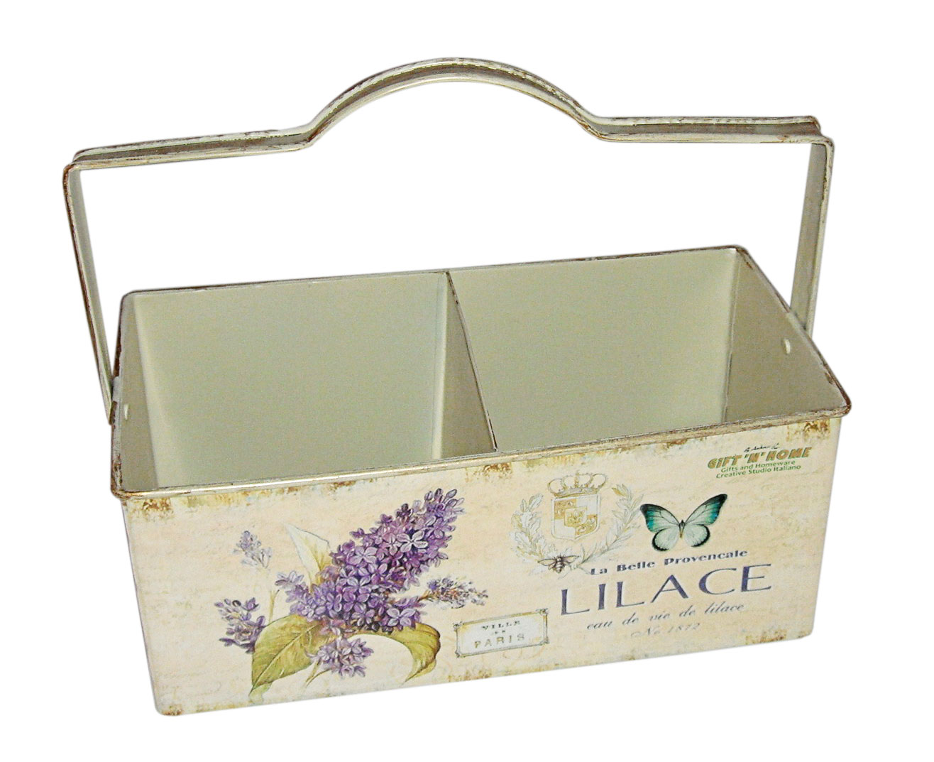 Ящик для хранения GiftnHome Сирень, 2 секции, 25 см х 14 см х 10 смМЯ-14 Lilace Ящик для хранения GiftnHome Сирень, 2 секции, 25 см х 14 см х 10 смМЯ-14 LilaceЯщик для хранения GiftnHome Сирень - прекрасное решение для декора дома или дачи. Изготовлен из жести и оформлен изысканным цветочным рисунком в винтажном стиле. Декор выполнен в технике декупаж. Содержит 2 секции для хранения различных бытовых принадлежностей, аксессуаров для шитья и других мелочей. Подойдет в качестве кашпо для цветов. Ручка предназначена для комфортной переноски. Изделие предназначено для интерьерного оформления жилого помещения. Оно прекрасно дополнит интерьер и добавит в обычную обстановку нотки романтики и изящества.