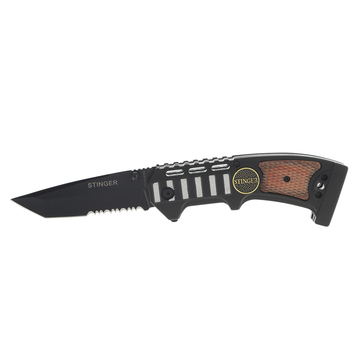 Нож складной Stinger SA-583W, цвет: черный, 9 см6900000431474 Нож складной Stinger SA-583W, цвет: черный, 9 см6900000431474Нож Stinger SA-583W всегда найдет себе применение на даче или в гараже, на рыбалке или охоте. Малые габариты делают его удобным при частой транспортировке. Лезвие выполнено из высококачественной нержавеющей стали. В открытом состоянии нож фиксируется при помощи замка Liner Lock, что значительно повышает безопасность. Благодаря особой форме ручки Stinger SA-583W можно открывать одной рукой. Данная модель имеет полусерейторную заточку, что позволяет отлично резать плотную ткань, канаты и другие волокнистые материалы.