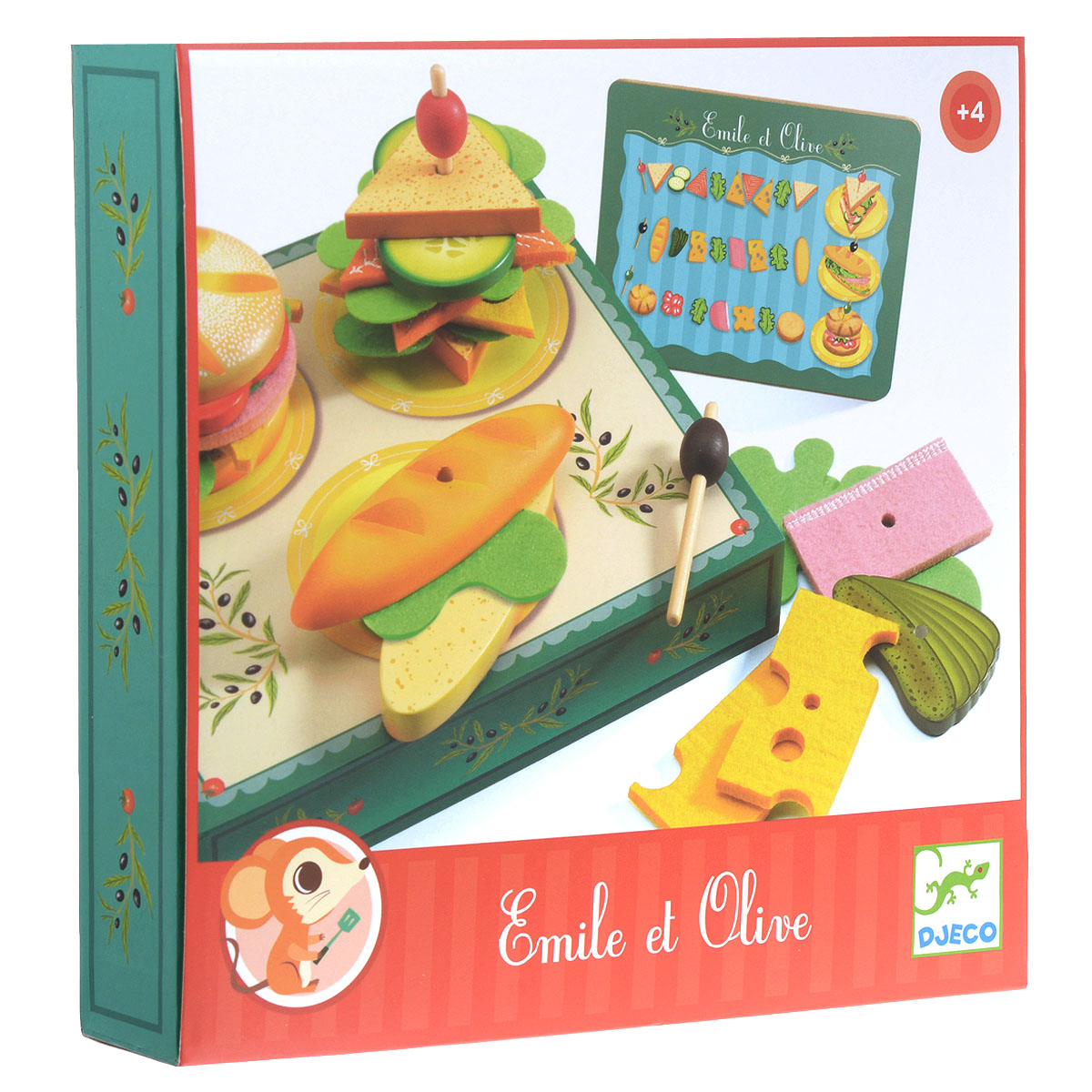 Djeco Игровой набор Сэндвичи от Эмиля и Олив06620 Djeco Игровой набор Сэндвичи от Эмиля и Олив06620Игровой набор Djeco Сэндвичи от Эмиля и Олив - замечательный набор для сюжетно-ролевой игры. В нем ваш ребенок найдет все самое необходимое для того, чтобы приготовить и накормить свои любимые игрушки вкусными бутербродами. Рецепт прост - два кусочка булки, сыр, салат и то, что нравится каждому в особенности. Набор включает коробочку с изображением поваров за рабочим столом на одной стороне и рабочей поверхностью для приготовления бутербродов на другой, 3 двойных основы для бутербродов в виде булочек, 3 двусторонних деревянных элемента и текстильные элементы в виде различных начинок, 3 шпажки для канапе и карточку с примерами сочетания основ с начинками. Элементы набора выполнены из высококачественного дерева. Ваш ребенок будет в восторге от такого подарка!