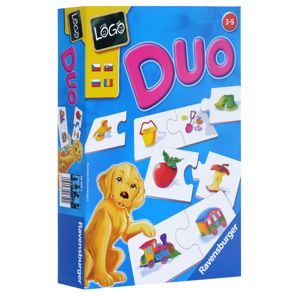 Ravensburger Настольная игра Лого Дуо24359 Ravensburger Настольная игра Лого Дуо24359Настольная игра Ravensburger Лого Дуо позволит вашему ребенку весело и с пользой провести время. Подходит для одного ребенка или для групповой игры. Цель игры - малыши должны найти соответствие между картинками связь. С помощью выступов на карточках, то есть носиков, дети сами смогут понять, подходят ли те друг другу. Это делает поиск подходящих пар карточек увлекательным в том случае, если ребенок играет один. Игра имеет четыре варианта: Найди пару, У кого подходящая карточка?, Обмен картинками, Поиск картинок с закрытыми карточками. В комплект игры входят 12 картонных пар карточек с картинками в виде предметов окружающего ребенка мира и правила игры на русском языке. Игра учит логическому мышлению, внимательности, умению общаться. Рекомендуемый возраст: от 3 до 5 лет. Продолжительность игры: 10-15 минут.