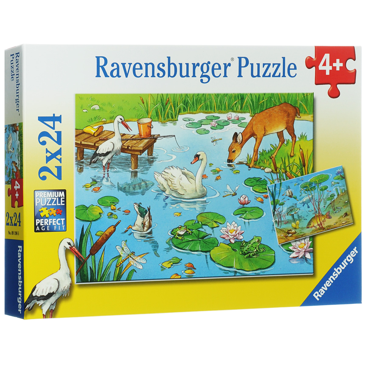 Ravensburger На пруду. Пазл, 2 х 24 элемента09196 Ravensburger На пруду. Пазл, 2 х 24 элемента09196Пазл Ravensburger На пруду, несомненно, понравится вашему ребенку. Собрав пазлы, каждый из которых включает по 24 элемента, вы получите две красочные картинки с изображением животных у пруда. Пазл изготовлен из картона высочайшего качества. Каждая деталь имеет свою форму и подходит только на свое место. Все изображения аккуратно отсканированы и напечатаны на ламинированной бумаге. Пазлы - замечательная развивающая игра для детей. Собирание пазла развивает у ребенка мелкую моторику рук, тренирует наблюдательность, логическое мышление, знакомит с окружающим миром, с цветом и разнообразными формами, учит усидчивости и терпению, аккуратности и вниманию.