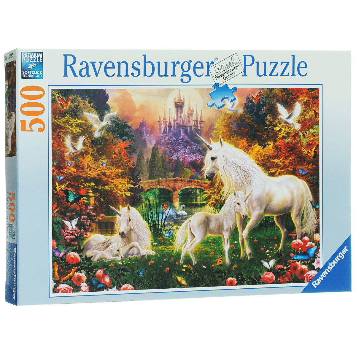 Ravensburger Волшебные единороги. Пазл, 500 элементов14195 Ravensburger Волшебные единороги. Пазл, 500 элементов14195Пазл Ravensburger Волшебные единороги понравится и вам, и вашему ребенку. Собрав этот пазл, включающий в себя 500 элементов, вы получите замечательный постер с изображением сказочных единорогов. Каждая деталь имеет свою форму и подходит только на свое место. Нет двух одинаковых деталей! Пазл изготовлен из картона высочайшего качества. Softclick технология гарантирует 100% соединение деталей. Все изображения аккуратно отсканированы и напечатаны на ламинированной бумаге. Пазл - великолепная игра для семейного досуга. Сегодня собирание пазлов стало особенно популярным, главным образом, благодаря своей многообразной тематике, способной удовлетворить самый взыскательный вкус. А для детей это не только интересно, но и полезно. Собирание пазла развивает мелкую моторику у ребенка, тренирует наблюдательность, логическое мышление, знакомит с окружающим миром, с цветом и разнообразными формами.