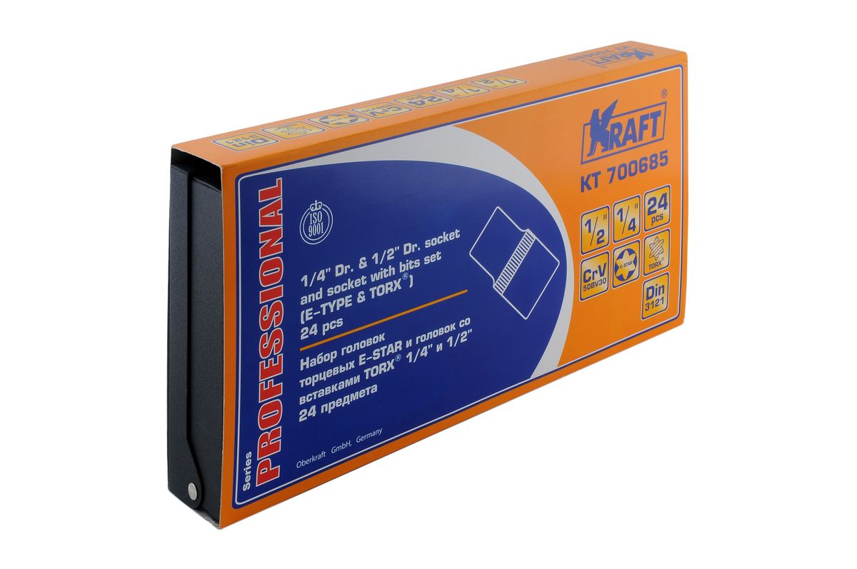 Набор торцевых головок Kraft Professional Е-star, со вставками Torx, 1/2, 1/4, 24 предметаКТ700685 Набор торцевых головок Kraft Professional Е-star, со вставками Torx, 1/2, 1/4, 24 предметаКТ700685В набор Kraft Professional входят торцевые головки с внутренним рабочим профилем Е-star, и внешним рабочим профилем Torx. Место для присоединительного квадрата 1/2, 1/4. Состав набора: шестигранные торцевые головки E-Star 1/2: E10, E11, E12, E14, E16, E18; шестигранные торцевые головки Torx 1/2: T25, T27, T30, T40, T45, T50; шестигранные торцевые головки E-Star 1/4: E4, E5, E6, E7, E8, E10; шестигранные торцевые головки Torx 1/4: T7, T8, T9, T10, T15, T20. Торцевые головки Kraft Professional изготовлены из хромованадиевой стали марки 50BV30 со специальным трехслойным покрытием, обеспечивающим долговременную защиту от механических повреждений.