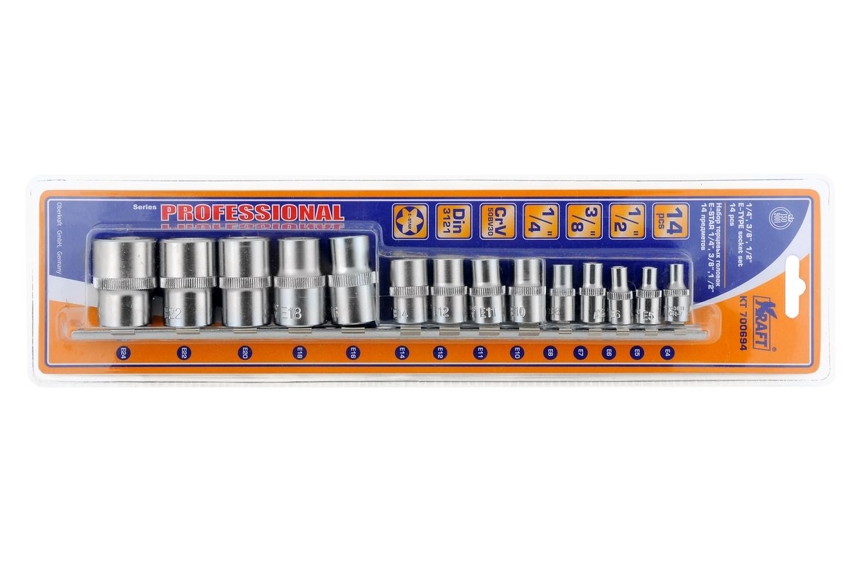 Набор торцевых головок Kraft Professional E-star, 1/2, 1/4, 3/8, Е4 - Е24, 14 штКТ700694 Набор торцевых головок Kraft Professional E-star, 1/2, 1/4, 3/8, Е4 - Е24, 14 штКТ700694Состав набора Kraft Professional E-star: головки торцевые 1/4: Е4, Е5, Е6, Е7, Е8; головки торцевые 3/8”: Е10, Е11, Е12, Е14; головки торцевые 1/2: Е16, Е18, Е20, Е22, Е24. Торцевые головки Kraft Professional E-star имеющие внутренний рабочий профиль звездочка, изготовлены из хромованадиевой стали марки 50BV30 со специальным трехслойным покрытием, обеспечивающим долговременную защиту от механических повреждений.