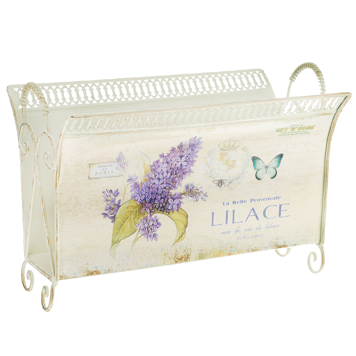 Подставка для журналов малая GiftnHome СиреньМП-30 Lilace Подставка для журналов малая GiftnHome СиреньМП-30 LilaceПодставка для журналов GiftnHome Сирень - прекрасное решение для декора дома или дачи. Изготовлена из жести, оформлена перфорацией и красочным цветочным рисунком в винтажном стиле. Декор выполнен в технике декупаж. Изделие предназначено для интерьерного оформления жилого помещения. Оно прекрасно дополнит интерьер и добавит в обычную обстановку нотки романтики и изящества. Кроме того, послужит прекрасным аксессуаром для хранения газет и журналов, и теперь у вас на журнальном столике всегда будет порядок.