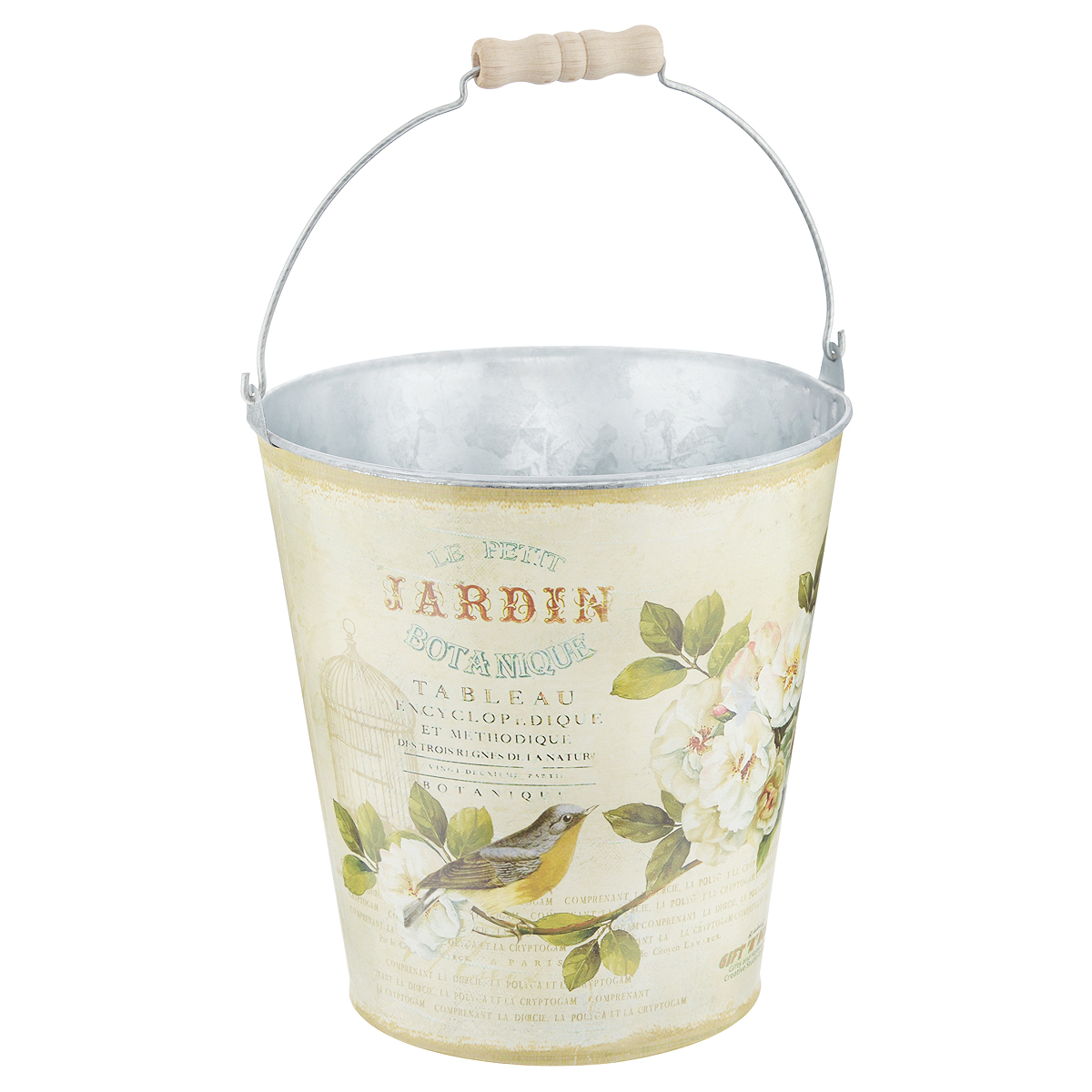 Ведерко GiftnHome Сад, 4,2 лМВ-20 Jardin Ведерко GiftnHome Сад, 4,2 лМВ-20 JardinВедерко GiftnHome Сад - прекрасное решение для декора дома или дачи. Изготовлено из оцинкованной жести, внешняя поверхность оформлена красочным рисунком в винтажном стиле. Декор выполнен в технике декупаж. Ведерко оснащено ручкой с деревянной вставкой. Изделие предназначено для интерьерного оформления жилого помещения. Оно прекрасно дополнит интерьер и добавит в обычную обстановку нотки романтики и изящества. Ведерко не герметично - не рекомендуется наполнять водой. Объем: 4,2 л. Диаметр (по верхнему краю): 20 см. Высота ведерка: 20 см.