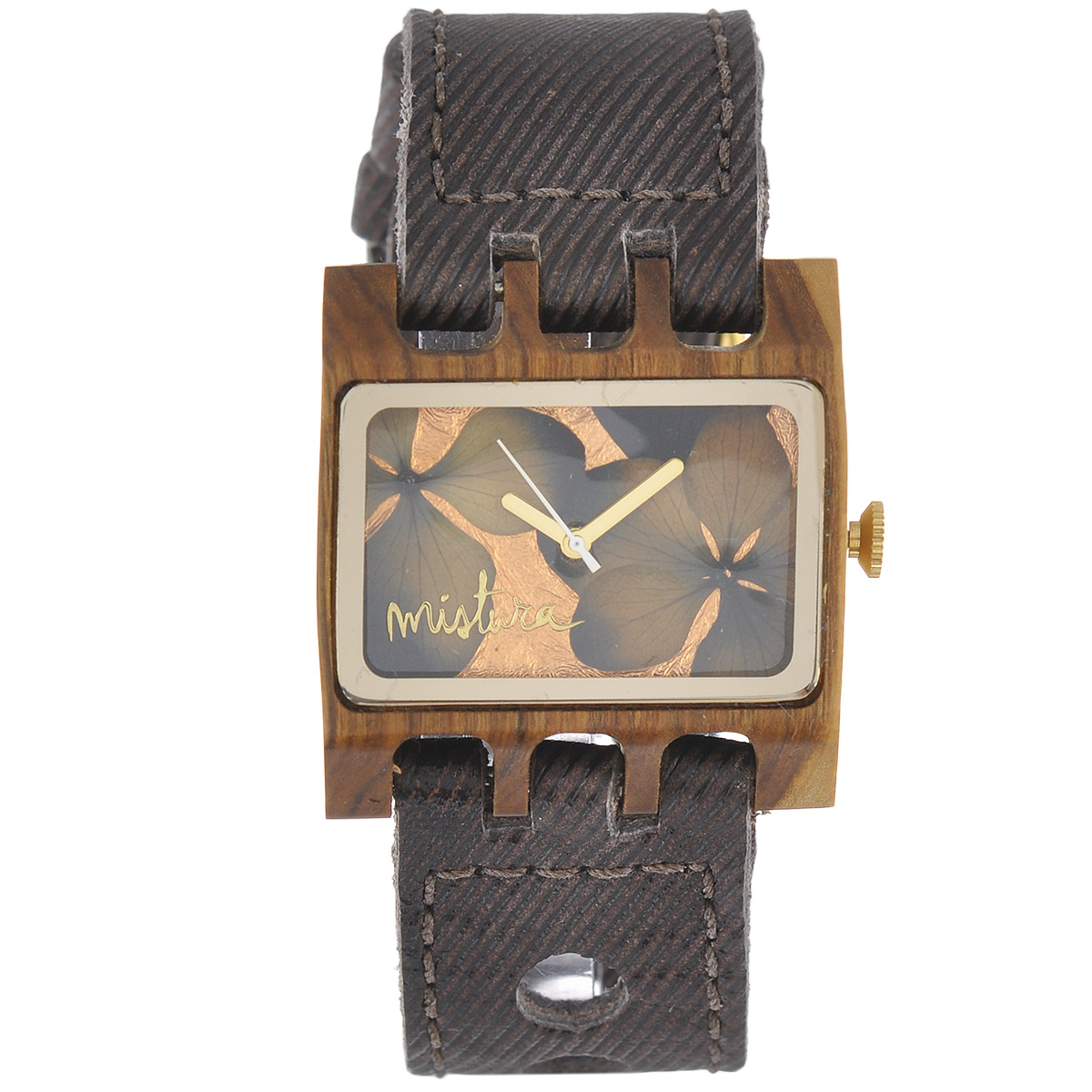 Часы наручные женские Mistura Lenzo: SE Coffee Jean/Black Flowers. TP1424CJPUBFSETP1424CJPUBFSE Часы наручные женские Mistura Lenzo: SE Coffee Jean/Black Flowers. TP1424CJPUBFSETP1424CJPUBFSEНаручные часы Mistura благодаря своему эксклюзивному дизайну позволят вам выделиться из толпы и подчеркнуть свою индивидуальность. Для изготовления корпуса часов используется древесина тропических лесов Колумбии с применением индивидуальных методов ее обработки. Дизайн выполняется вручную. Часы оснащены японским кварцевым механизмом Miyota (Япония). Ремешок из натуральной кожи, в диагональную полоску, застегивается на классическую застежку с деревянным язычком. Корпус часов изготовлен из дерева. Циферблат оформлен декоративными элементами в виде цветов и защищен минеральным стеклом. Изделие упаковано в фирменную коробку с логотипом компании Mistura. Часы марки Mistura идеально подходят молодым и уверенным в себе людям, ценящим качество, практичность и индивидуальность в каждой детали. Каждая модель оснащена оригинальным дизайнерским корпусом, а также ремешком из натуральной кожи, который можно заменить по вашему желанию. В изделиях...